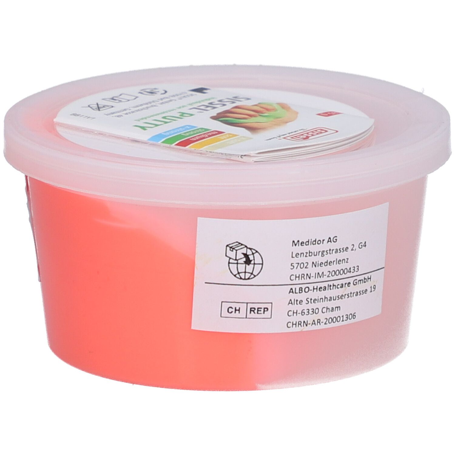 Roter Sissel Putty in einem transparenten Behälter mit Deckel. Aufkleber mit Produktinformationen und CH REP.