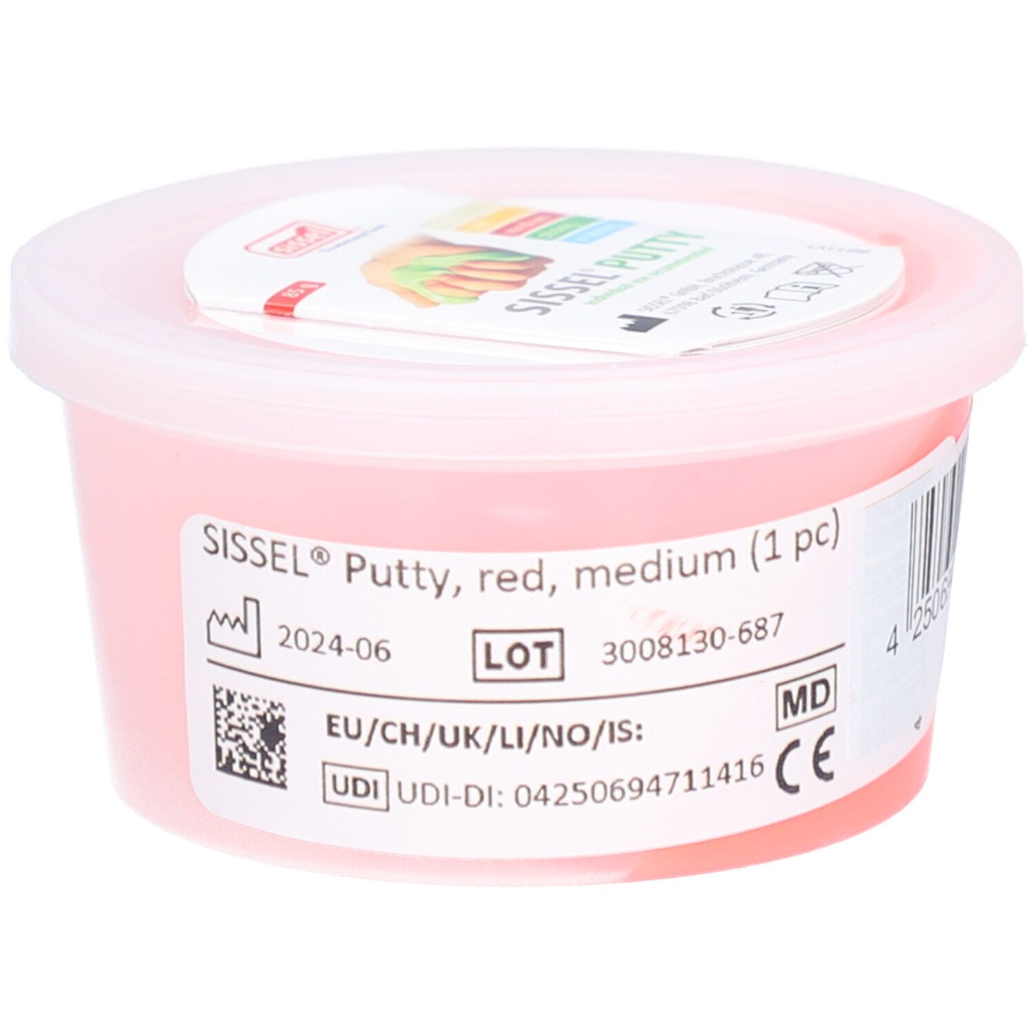 Roter Sissel Putty in einem transparenten Behälter mit Deckel. Aufkleber mit Produktinformationen und CE-Kennzeichnung.