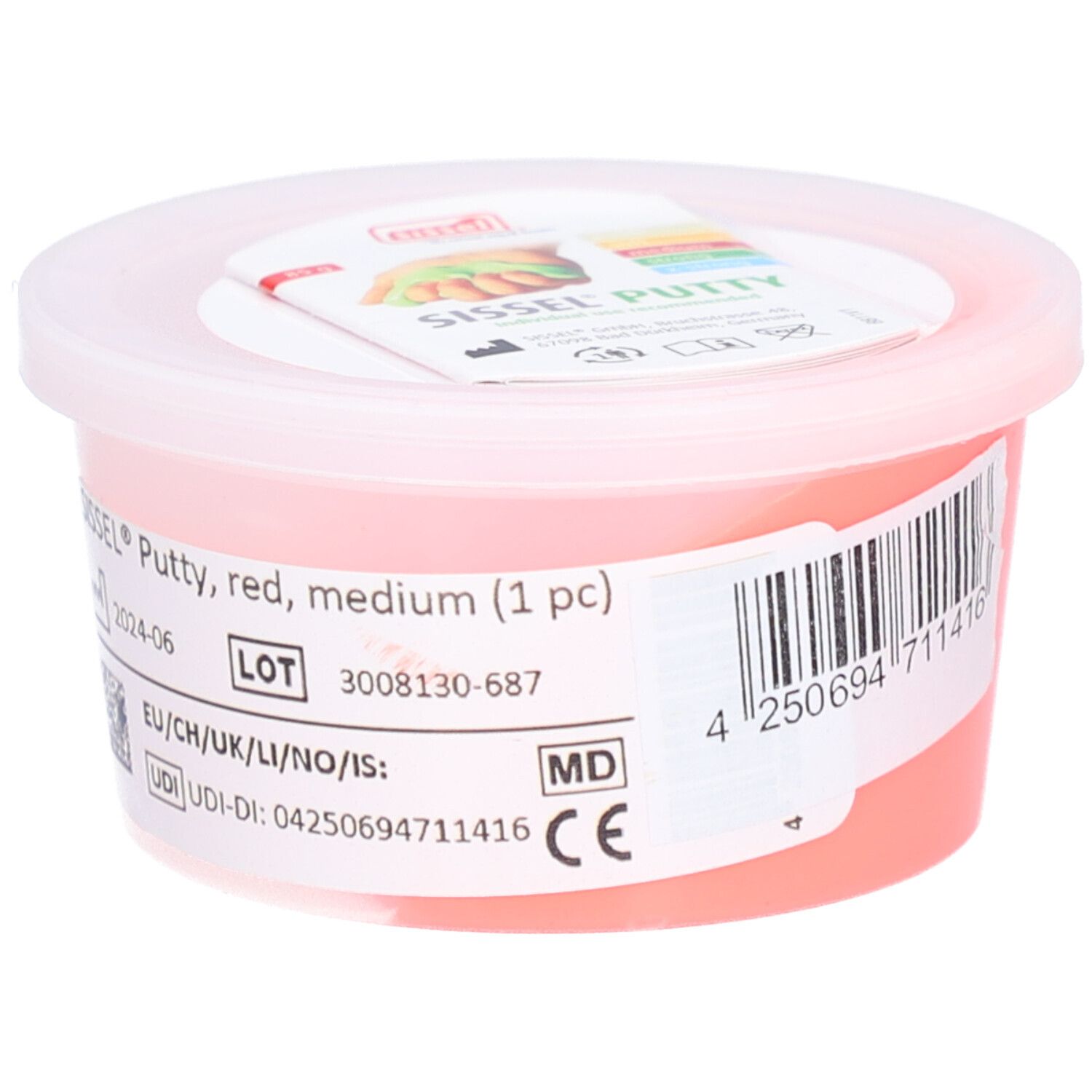Roter Sissel Putty in einem transparenten Behälter mit Deckel. Aufkleber mit Produktinformationen und CE-Kennzeichnung.
