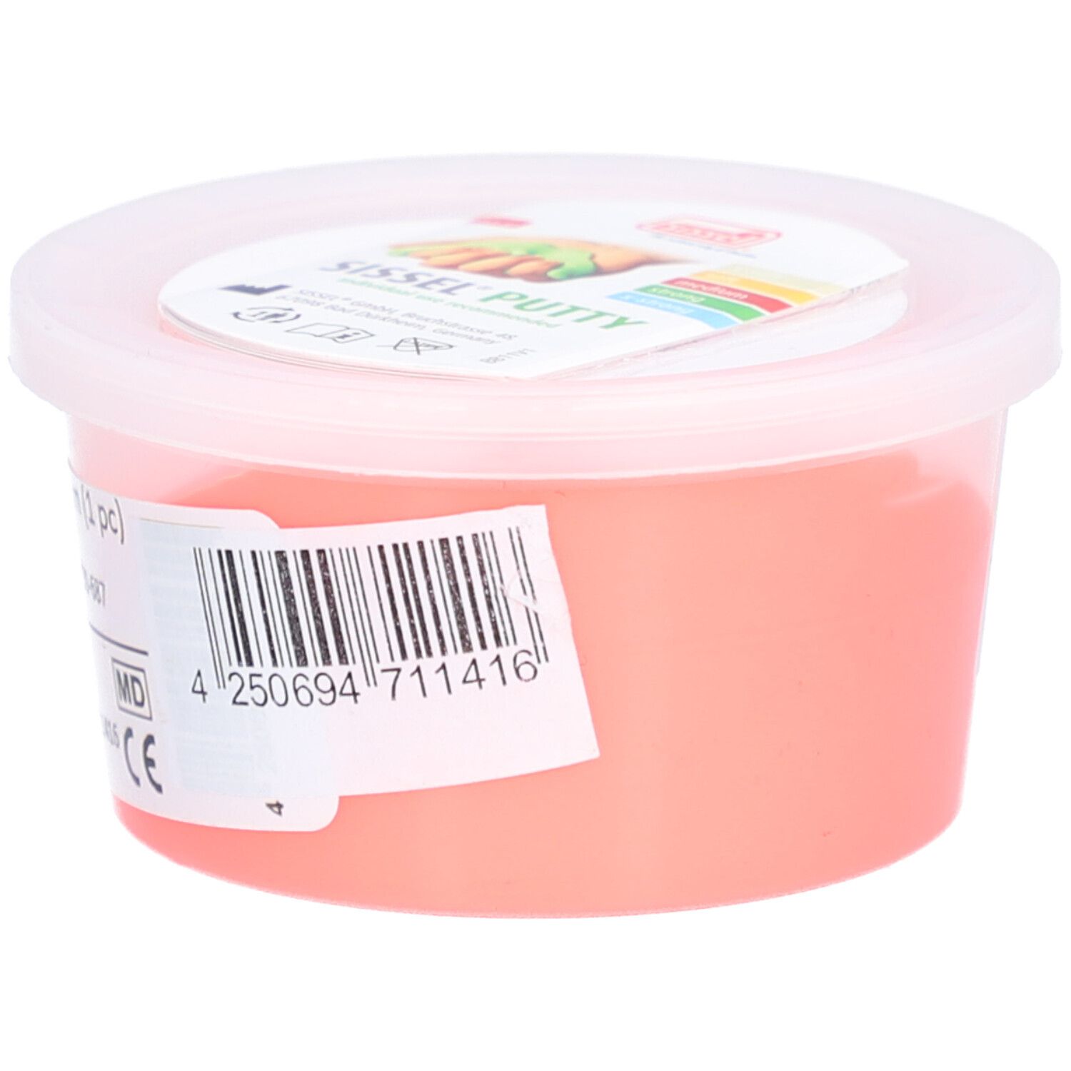 Rosa Sissel Putty in einem transparenten Behälter mit Deckel. Aufkleber mit Produktinformationen.