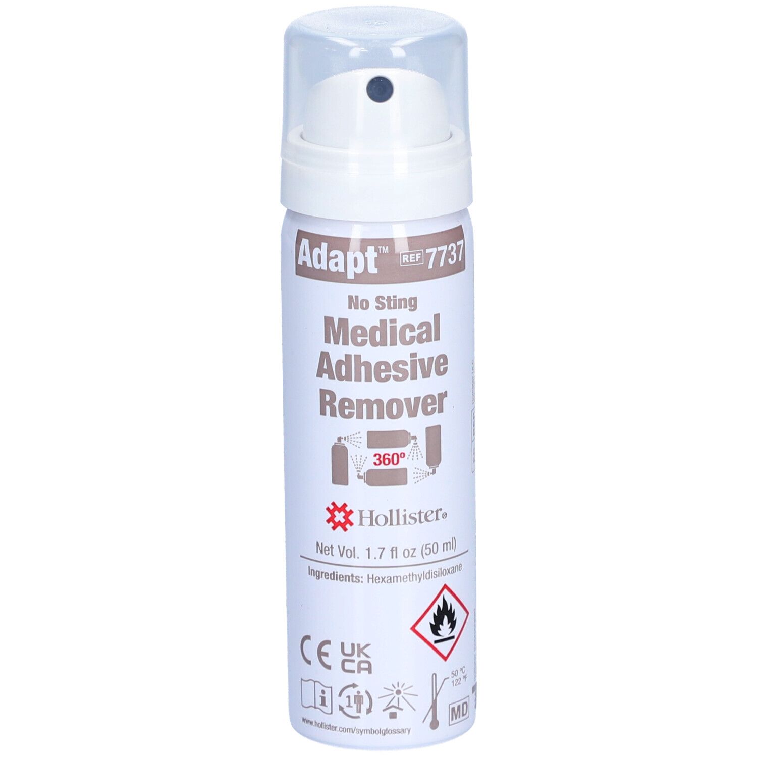 Adapt No Sting Medical Adhesive Remover Spray. Weißes Spray mit Sprühkopf. Hollister-Logo und Warnhinweise.