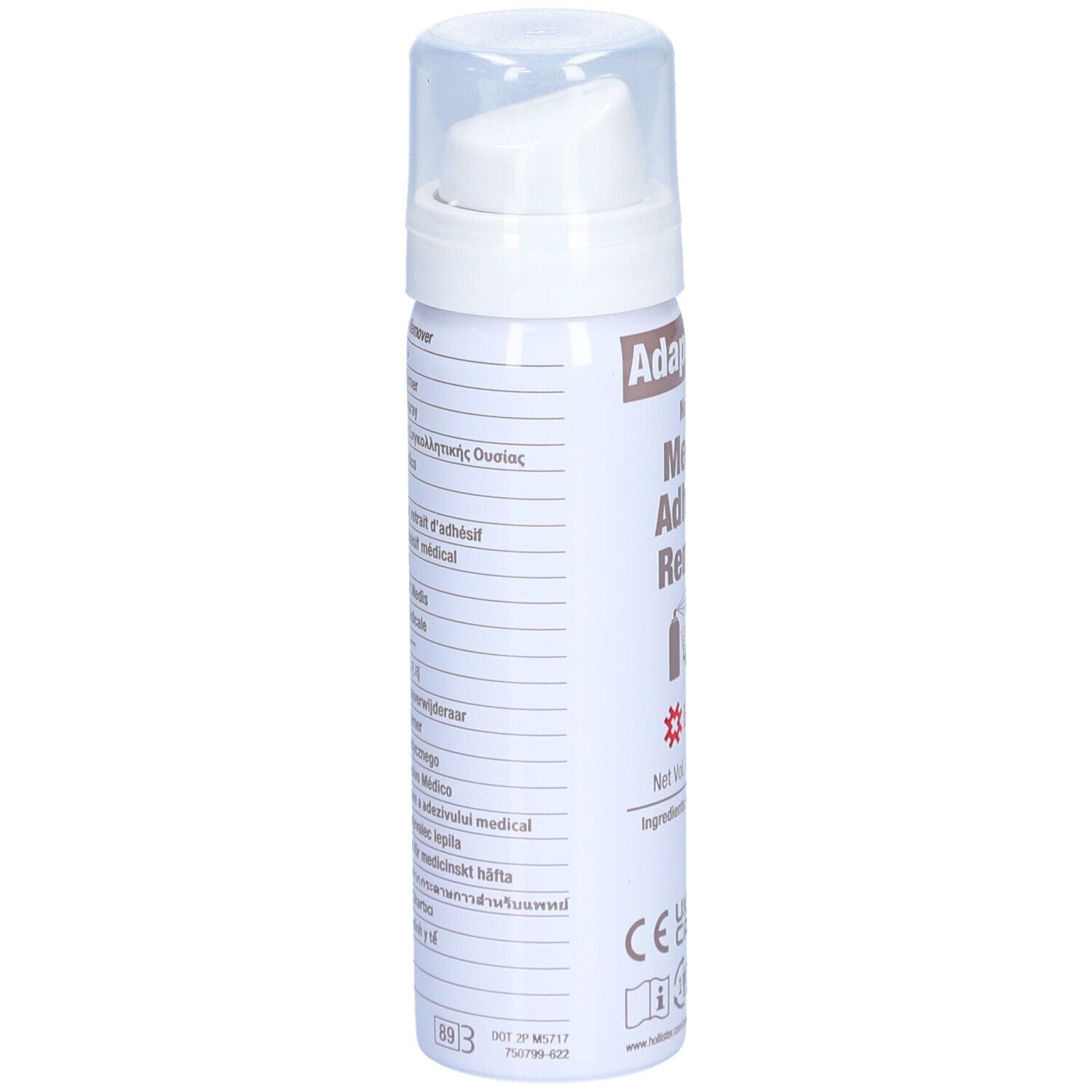 Adapt No Sting Medical Adhesive Remover Spray. Seitenansicht. Mehrsprachige Produktinformationen und CE-Kennzeichnung.