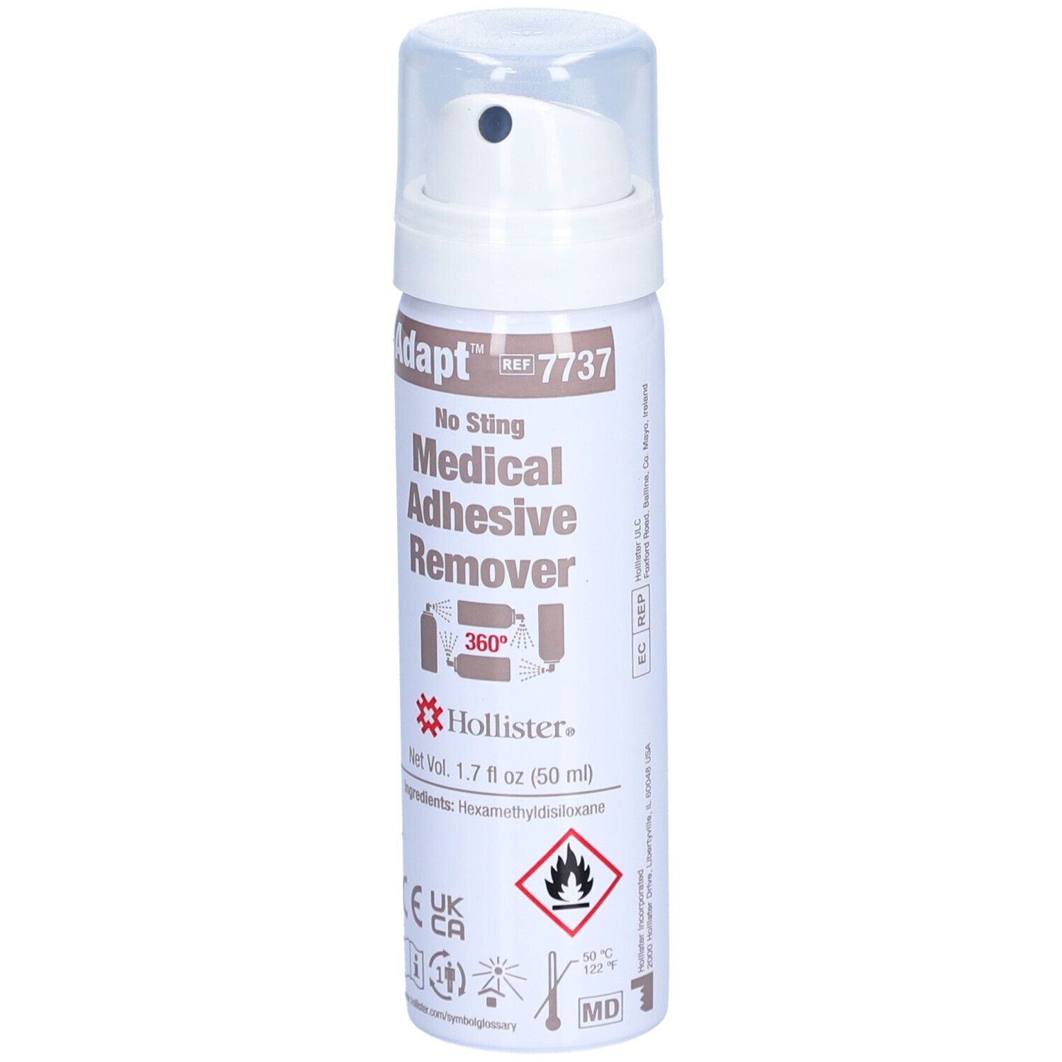 Adapt No Sting Medical Adhesive Remover Spray. Weißes Spray mit Sprühkopf. Hollister-Logo und Warnhinweise.