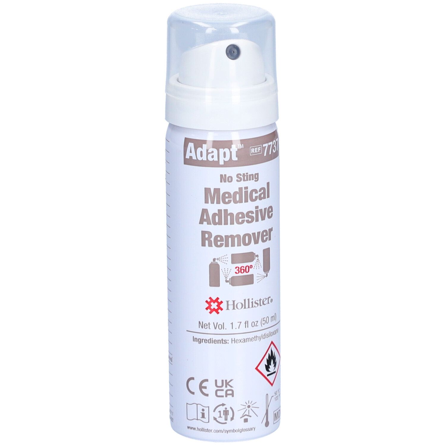 Adapt No Sting Medical Adhesive Remover Spray. Weißes Spray mit Sprühkopf. Hollister-Logo und Warnhinweise.