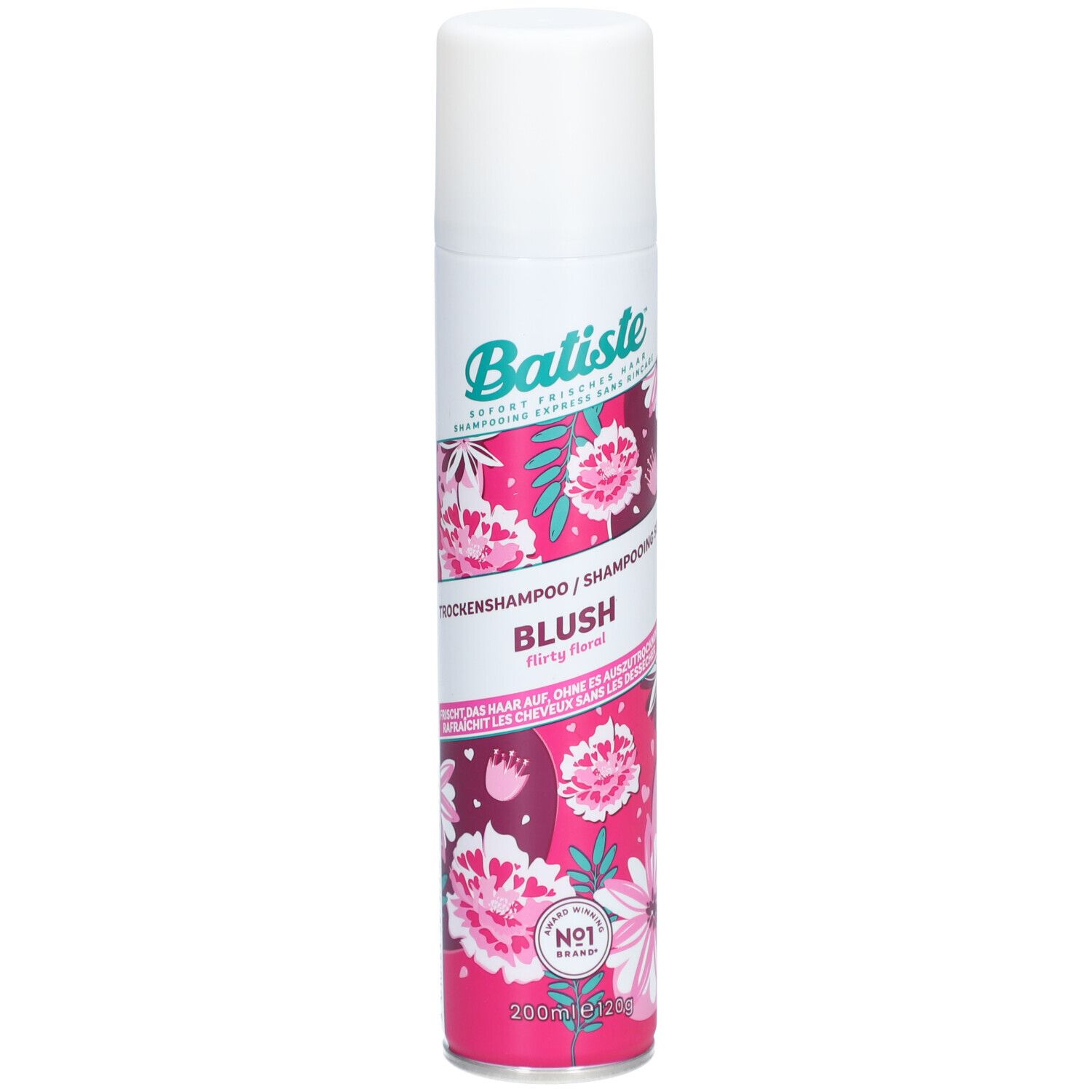 Weiß-rosa Sprühflasche mit floralem Muster. Aufschrift: Batiste, Blush, Trockenshampoo. Mit No.1-Logo.