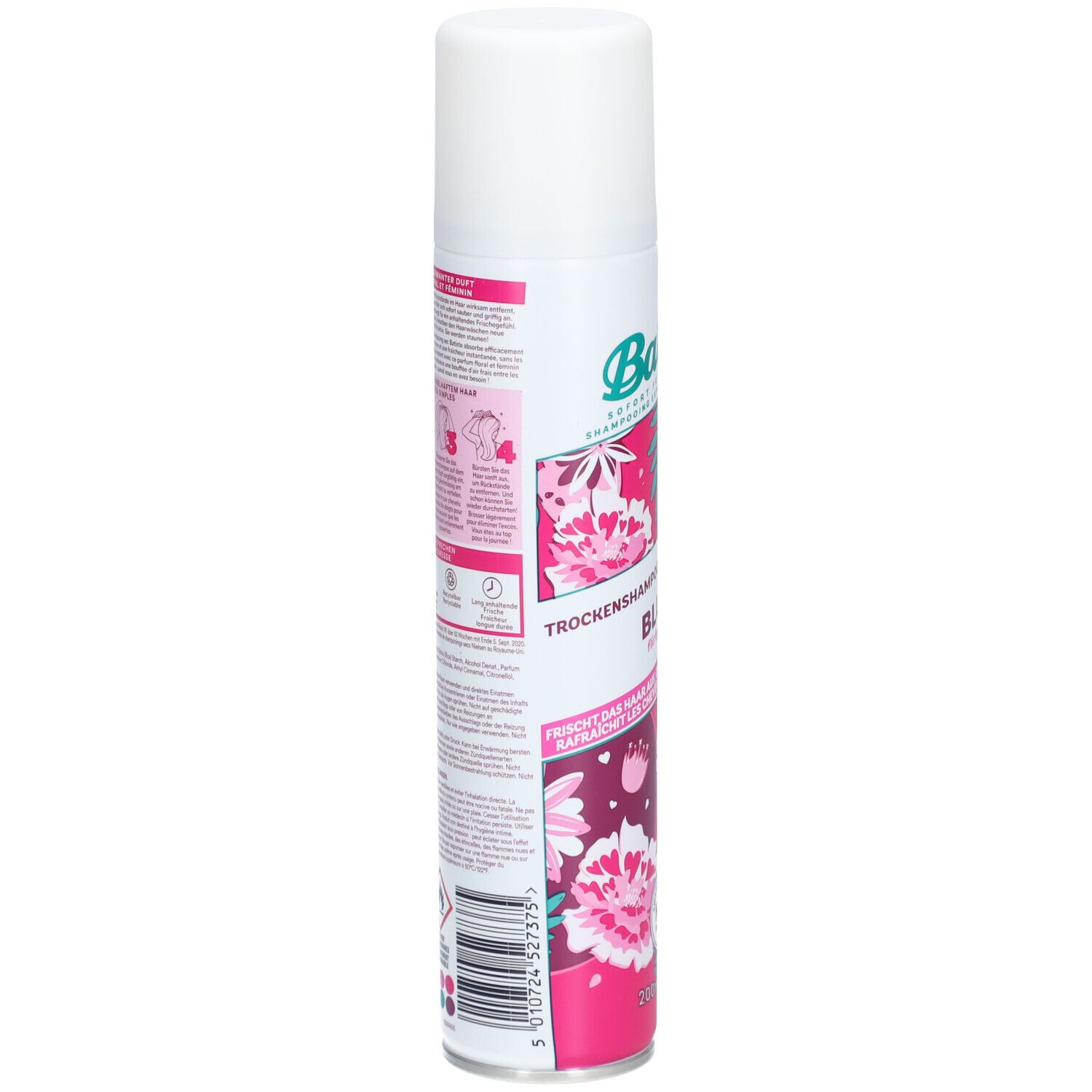 Weiß-rosa Sprühflasche. Rückseite mit Text und Illustrationen. Produktname: Trockenshampoo Blush.