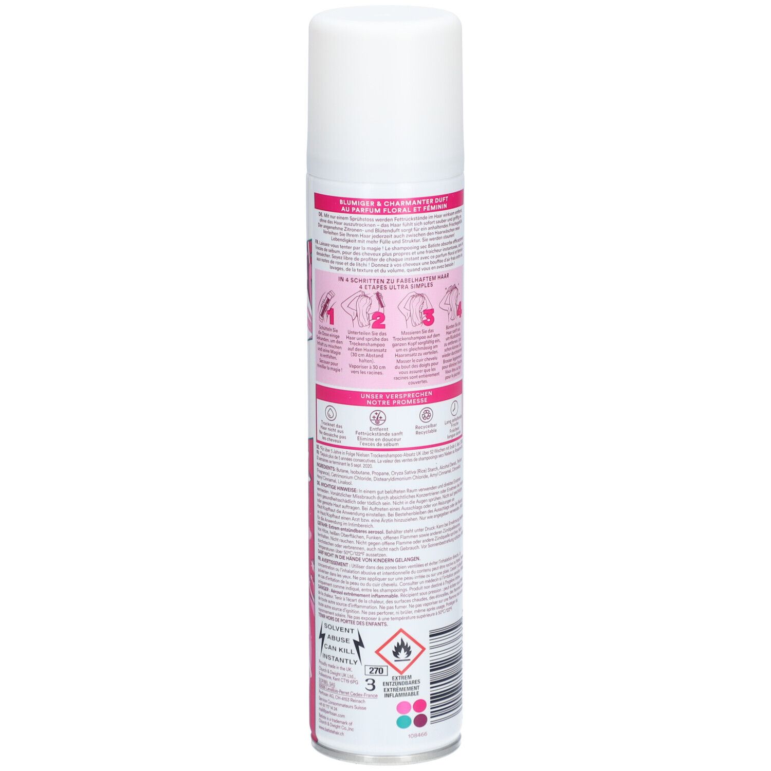 Rückseite einer weiß-rosa Sprühflasche. Text und Illustrationen. Warnhinweise und Inhaltsstoffe.