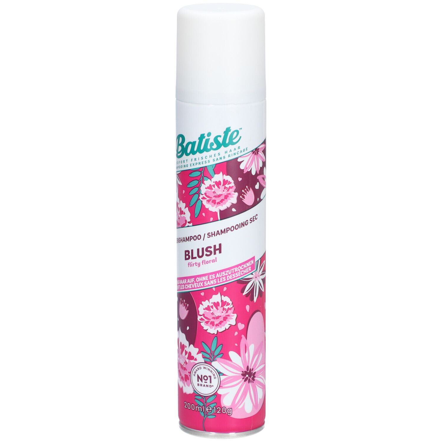 Weiß-rosa Sprühflasche mit floralem Muster. Aufschrift: Batiste, Blush, Trockenshampoo. Mit No.1-Logo.