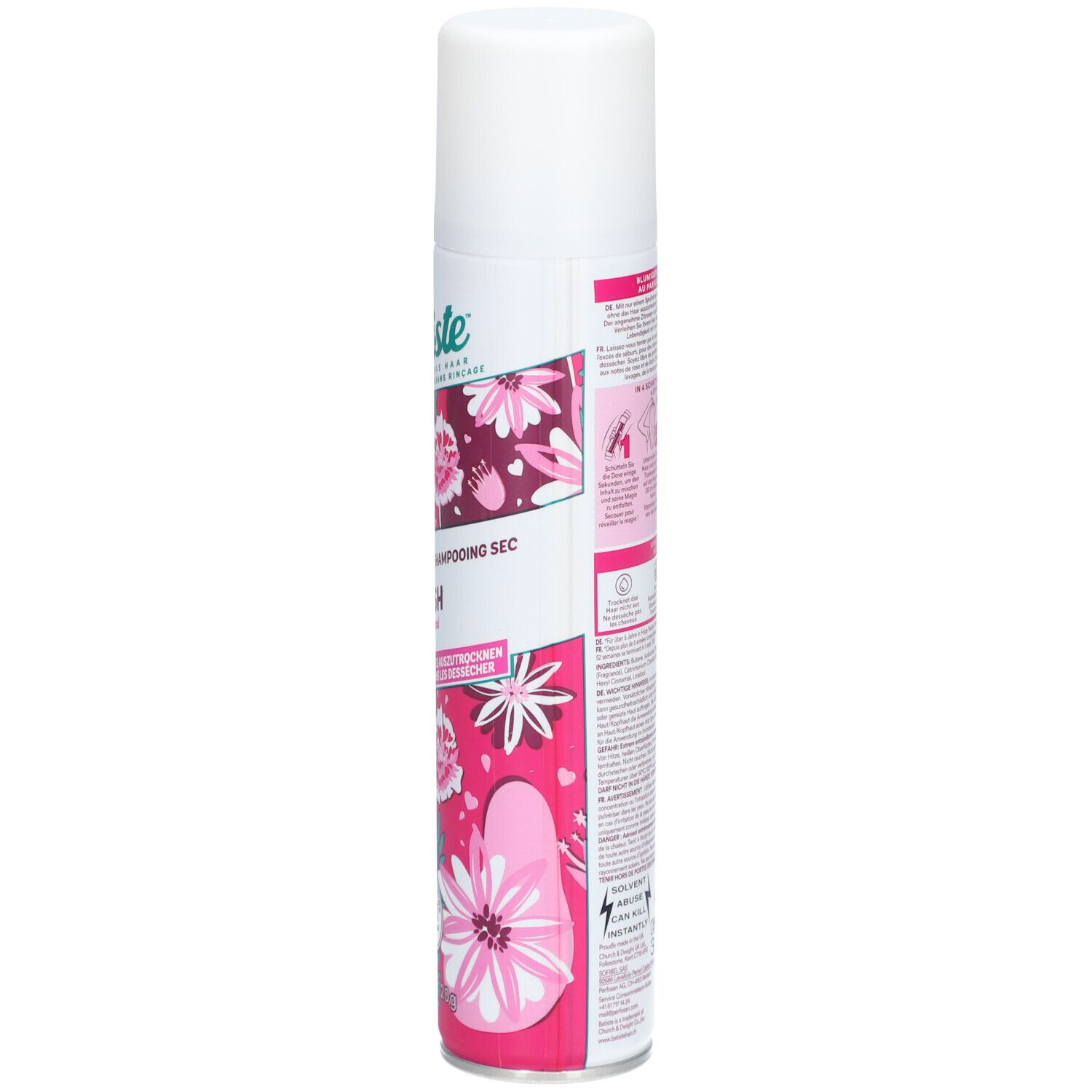 Weiß-rosa Sprühflasche. Rückseite mit Text und Illustrationen. Produktname: Trockenshampoo Blush.