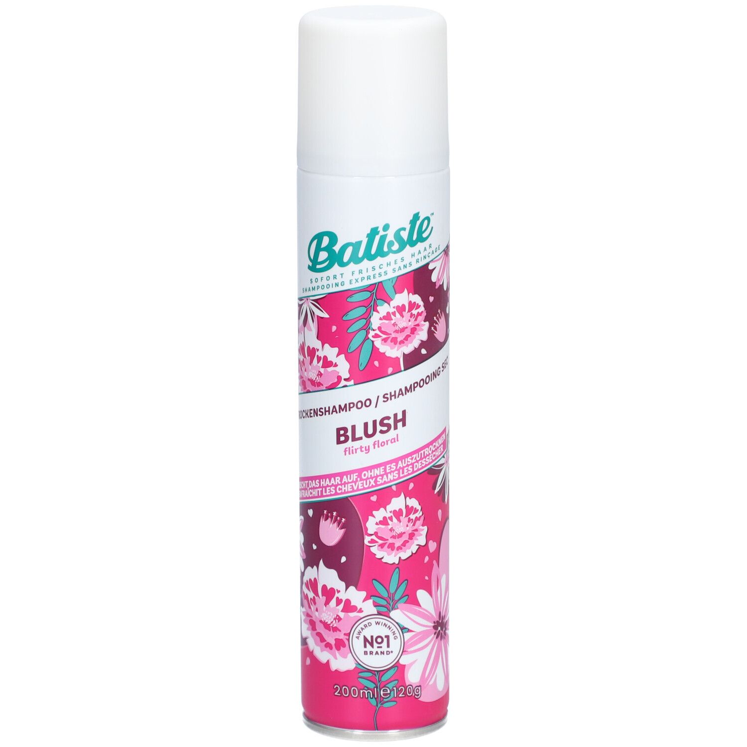 Weiß-rosa Sprühflasche mit floralem Muster. Aufschrift: Batiste, Blush, Trockenshampoo. Mit No.1-Logo.