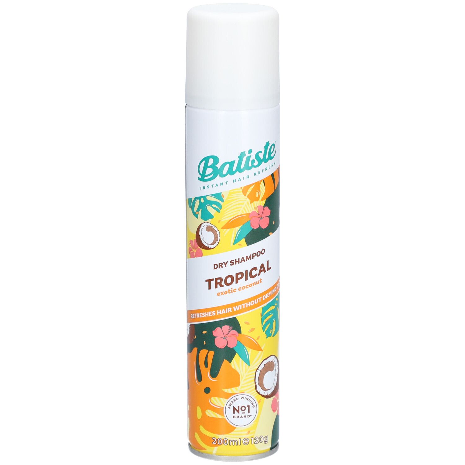 Weißes Spraydose mit Batiste Dry Shampoo Tropical. Tropisches Design mit Kokosnuss und Blüten. Produktname und Logo sichtbar.