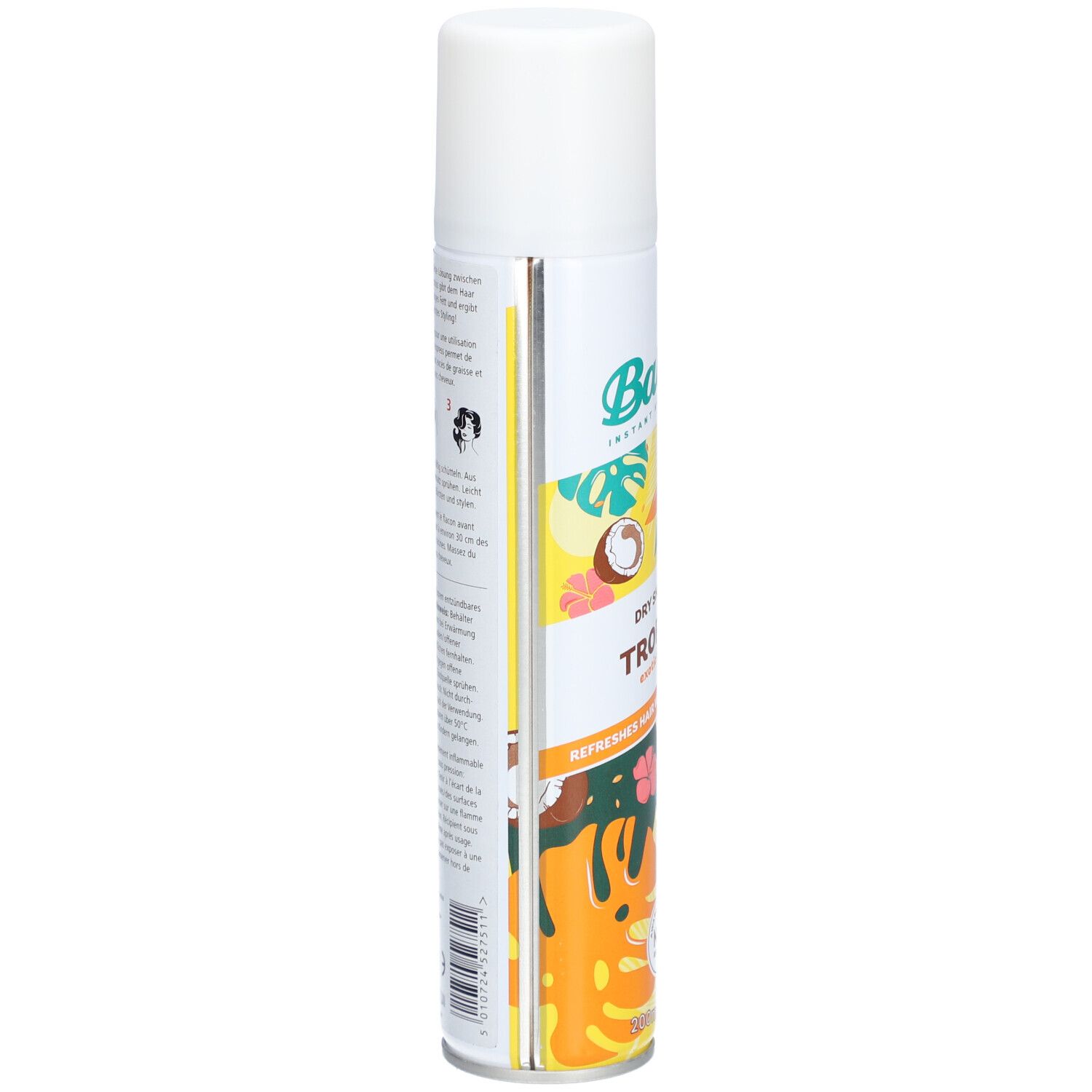 Spraydose Batiste Dry Shampoo Tropical, Seitenansicht. Design mit Kokosnuss und Blüten. Text und Logos auf der Seite.
