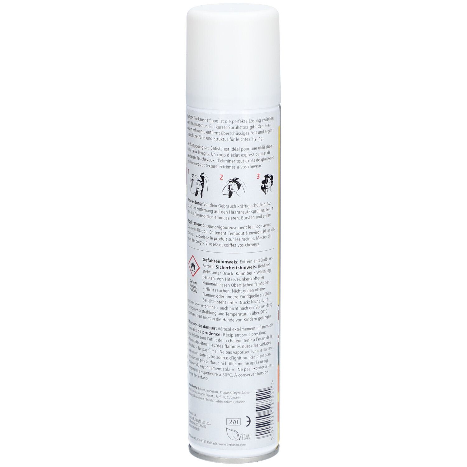 Rückseite der Spraydose Batiste Dry Shampoo Tropical. Textinformationen und Piktogramme. Warnhinweise und Anwendungshinweise.
