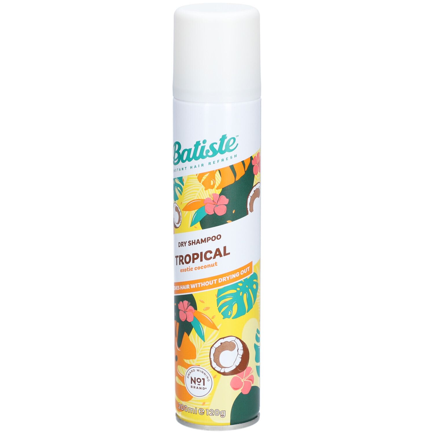 Weißes Spraydose mit Batiste Dry Shampoo Tropical. Tropisches Design mit Kokosnuss und Blüten. Produktname und Logo sichtbar.