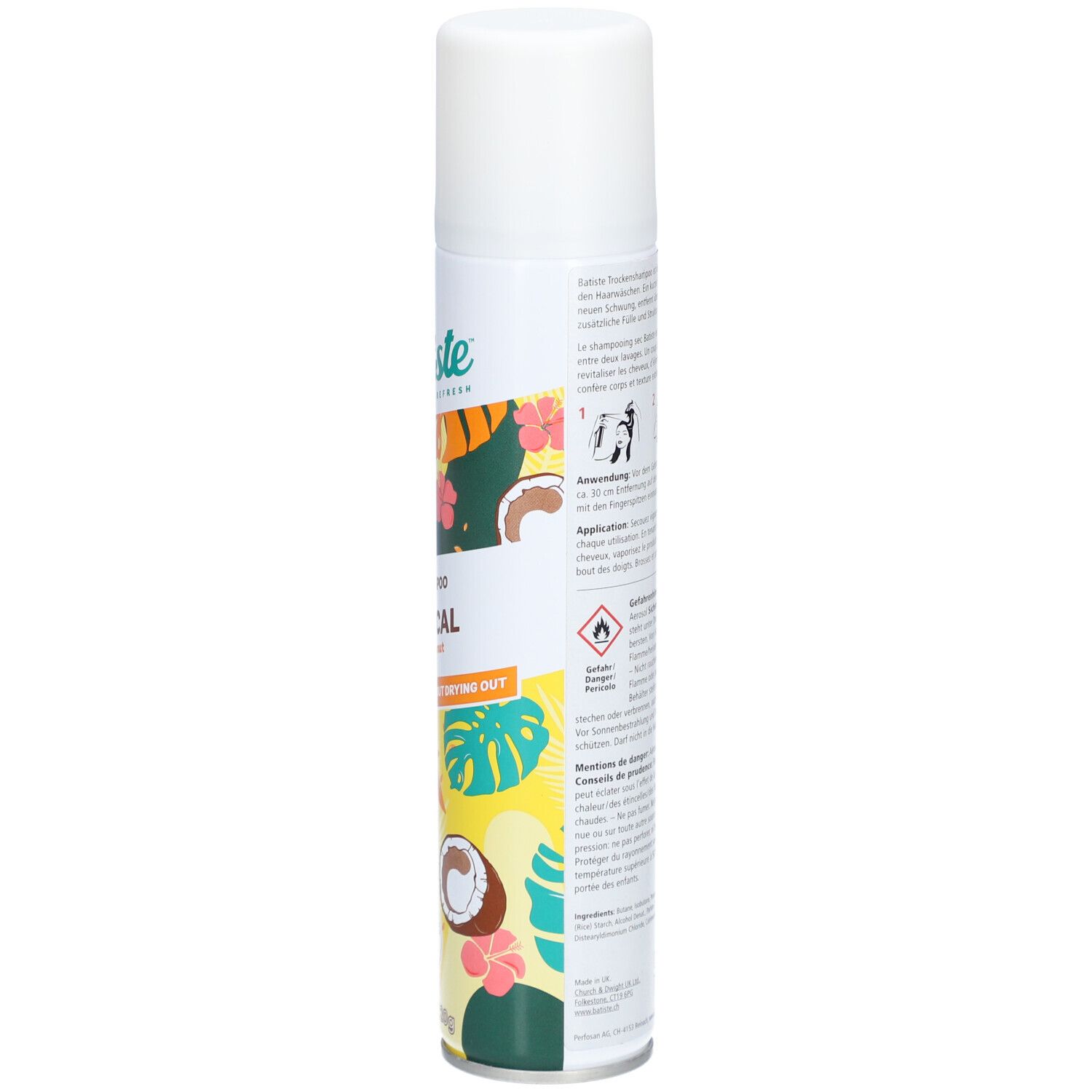 Rückseite der Spraydose Batiste Dry Shampoo Tropical. Textinformationen und Piktogramme. Warnhinweise und Anwendungshinweise.