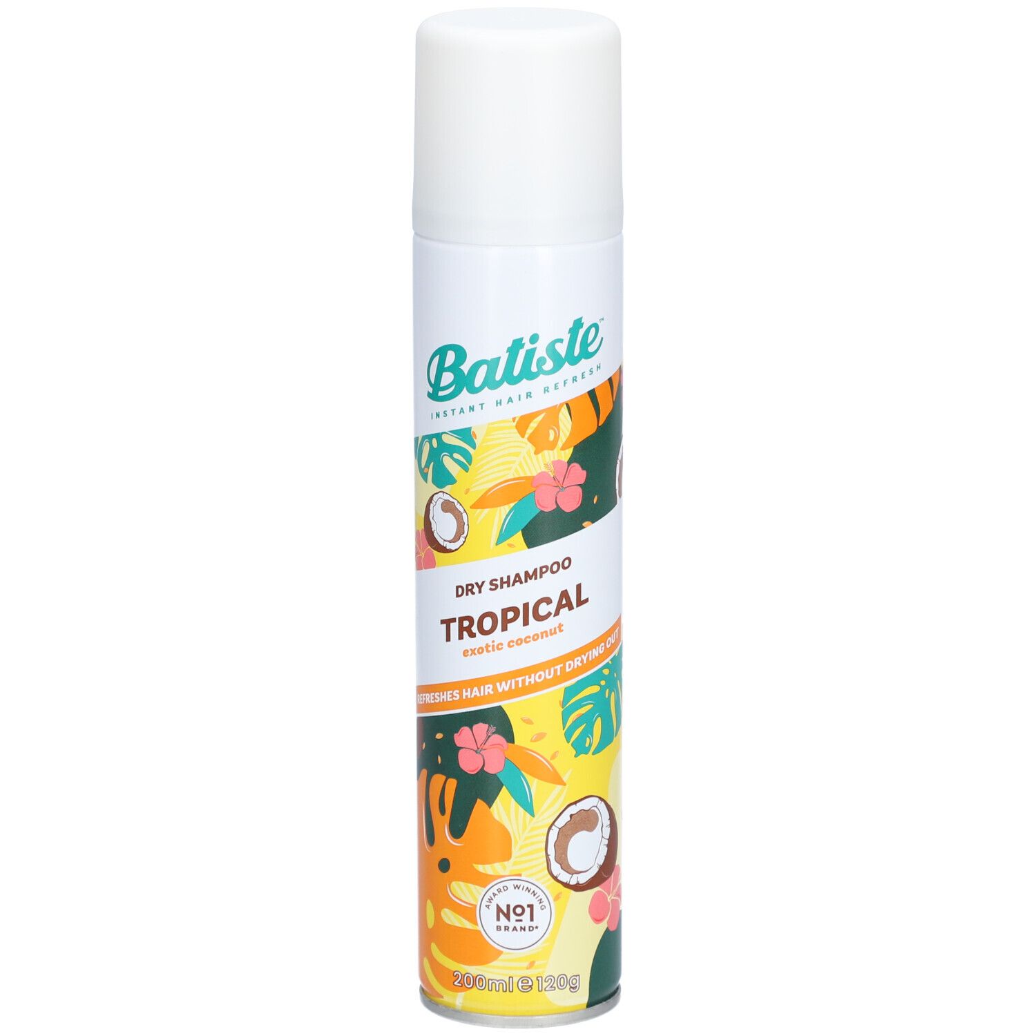 Weißes Spraydose mit Batiste Dry Shampoo Tropical. Tropisches Design mit Kokosnuss und Blüten. Produktname und Logo sichtbar.