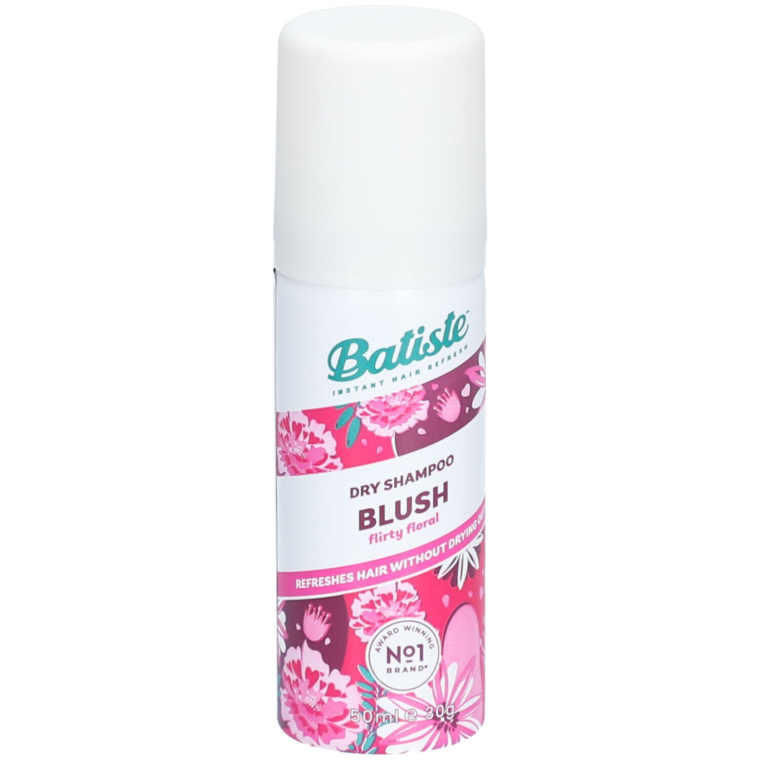 Weiß-pinke Sprühflasche mit floralem Muster. Beschriftung: Batiste Dry Shampoo Blush. Flasche mit Deckel.