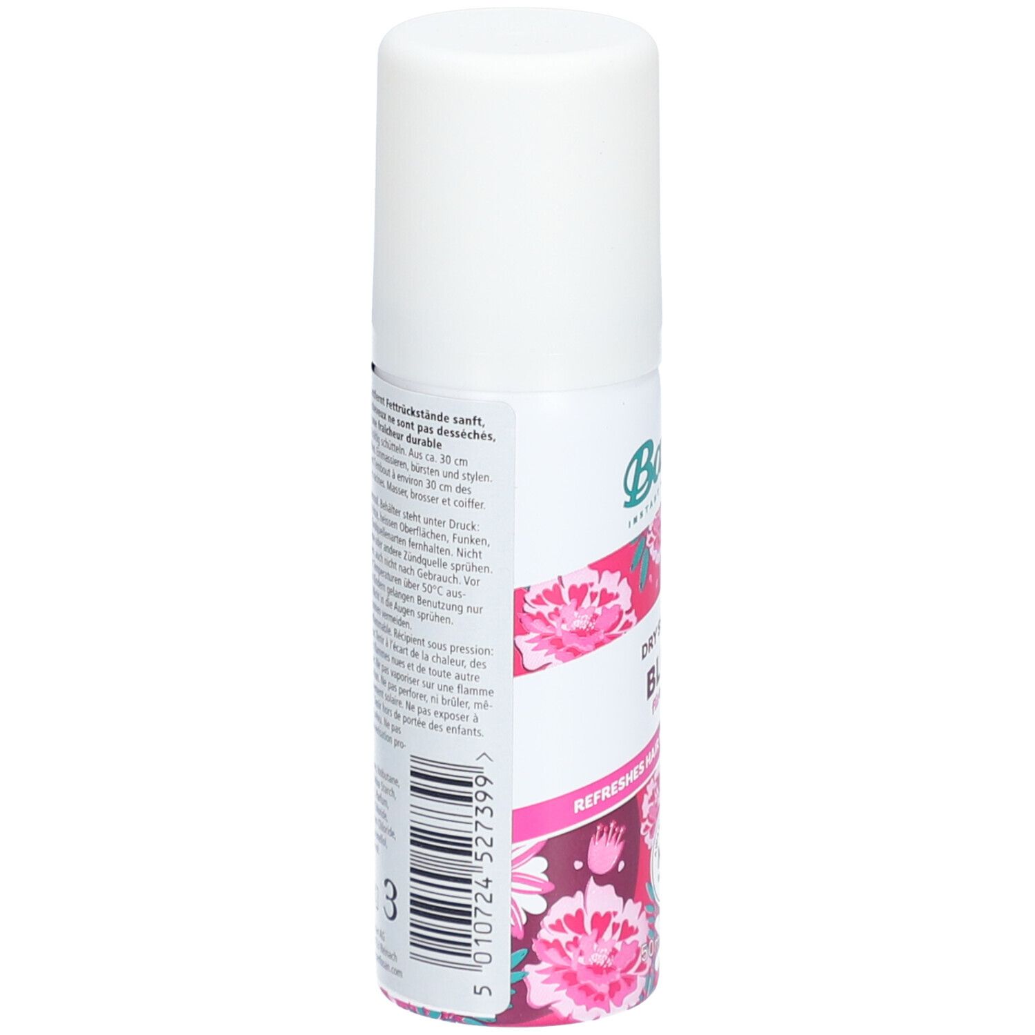 Rückseite der weißen und pinken Sprühflasche. Text in mehreren Sprachen. Floral Muster. Barcode und Nummer.