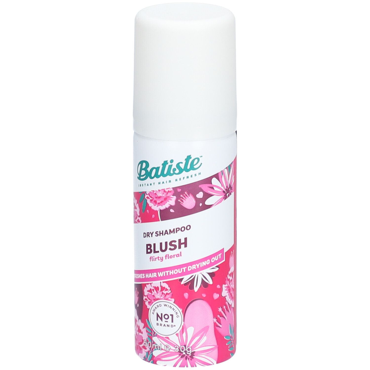 Weiß-pinke Sprühflasche mit floralem Muster. Beschriftung: Batiste Dry Shampoo Blush. Flasche mit Deckel.