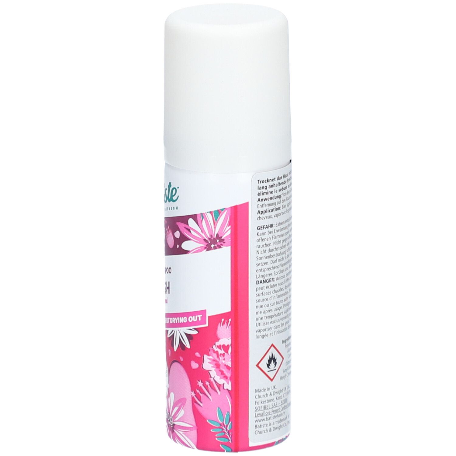 Rückseite der weißen und pinken Sprühflasche. Text in mehreren Sprachen. Floral Muster. Piktogramm.