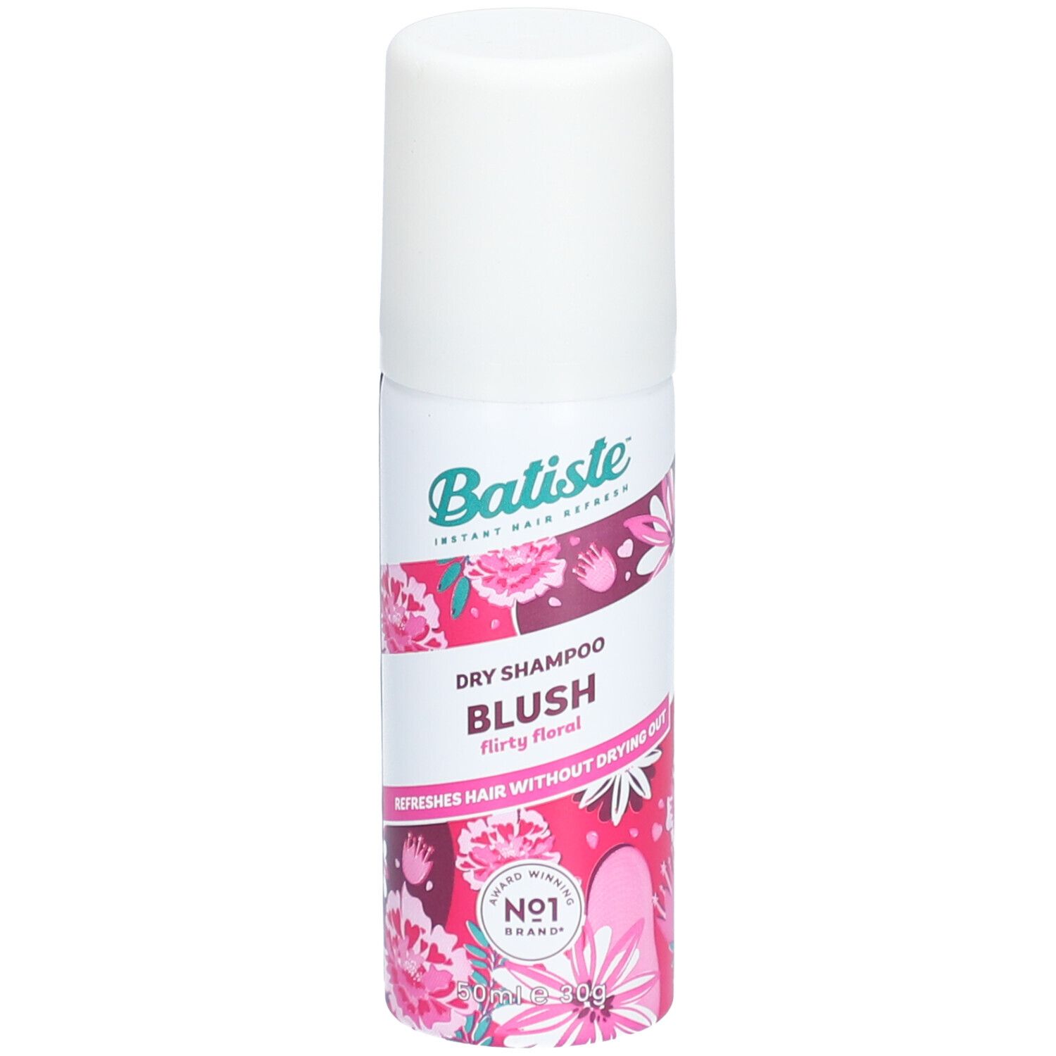 Weiß-pinke Sprühflasche mit floralem Muster. Beschriftung: Batiste Dry Shampoo Blush. Flasche mit Deckel.