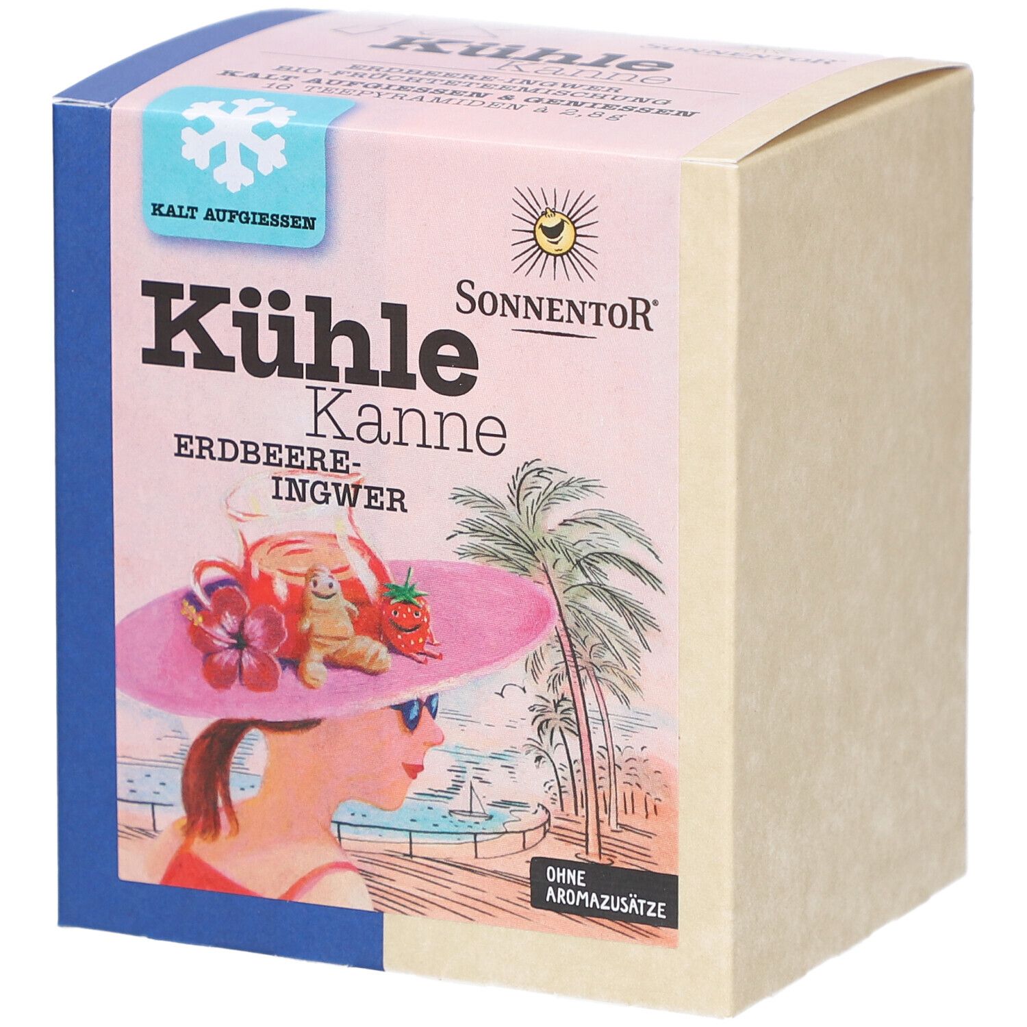 Karton mit Aufdruck. Aufschrift: Kühle Kanne Erdbeer-Ingwer. Logo: Sonnentor. Abbildung: Frau mit Hut am Strand.