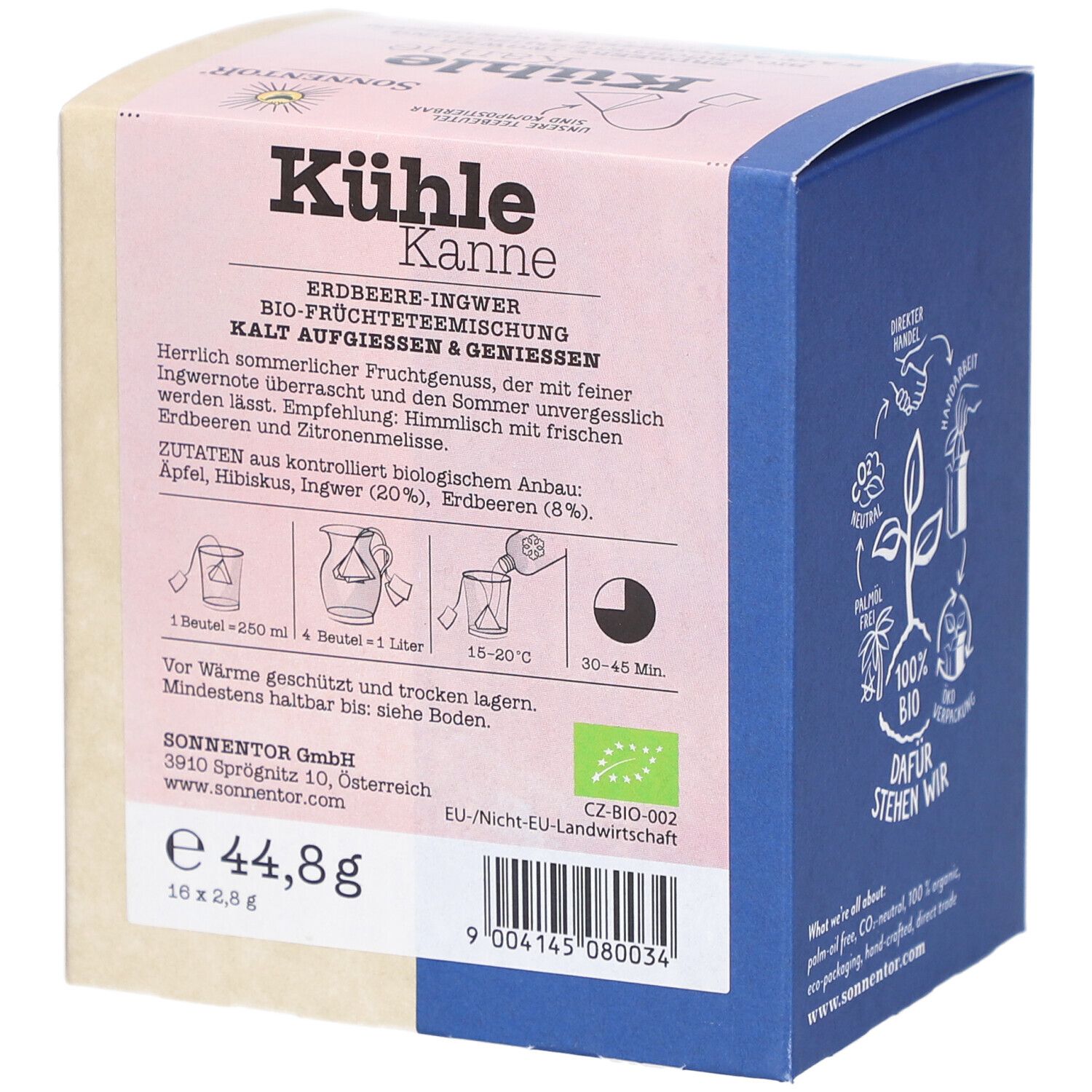 Karton mit Aufdruck. Aufschrift: Kühle Kanne Erdbeer-Ingwer. Zutaten, Zubereitungshinweise, Bio-Siegel. Gewicht: 44,8g.