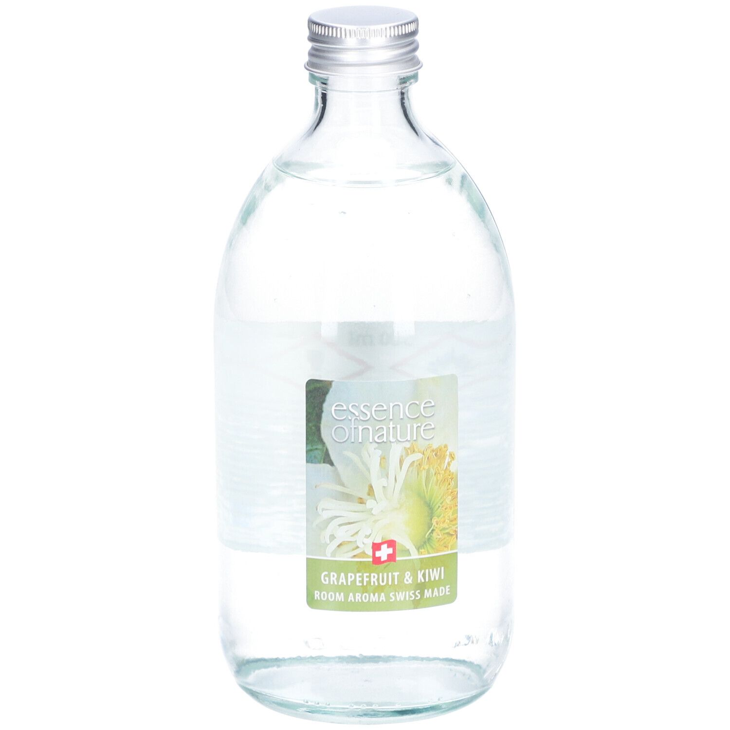 Glasflasche mit silbernem Deckel. Etikett mit Produktnamen und Inhaltsstoffen. Schweizer Kreuz.