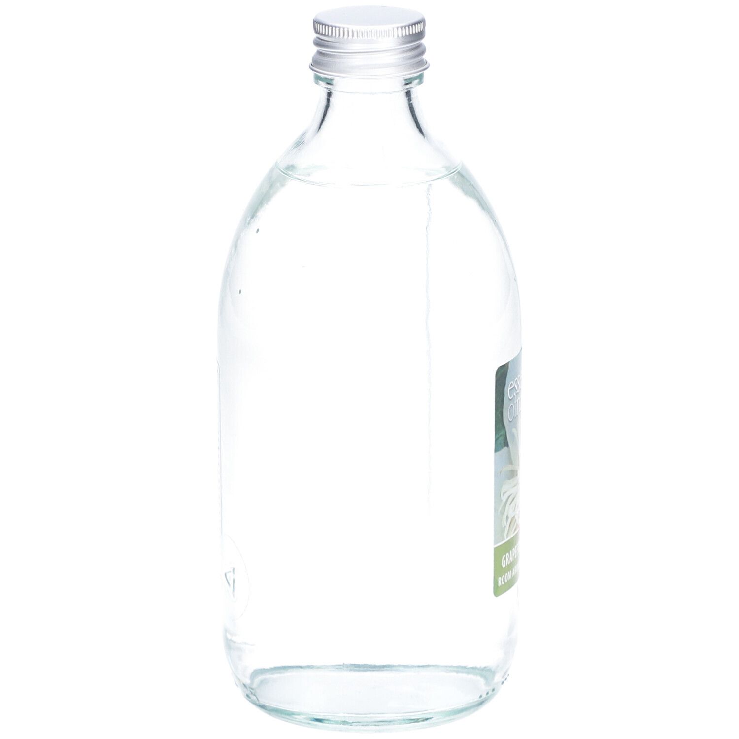 Glasflasche mit silbernem Deckel. Teilweise sichtbares Etikett. Klarer Inhalt.