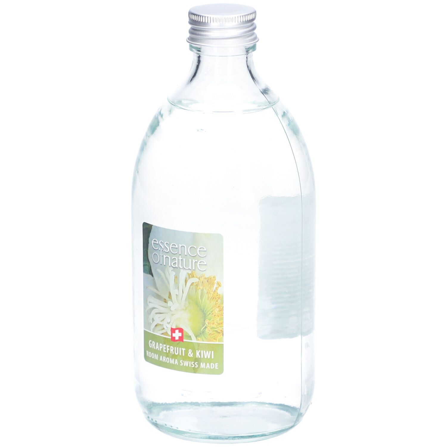 Glasflasche mit silbernem Deckel. Etikett mit Produktnamen und Inhaltsstoffen. Schweizer Kreuz.