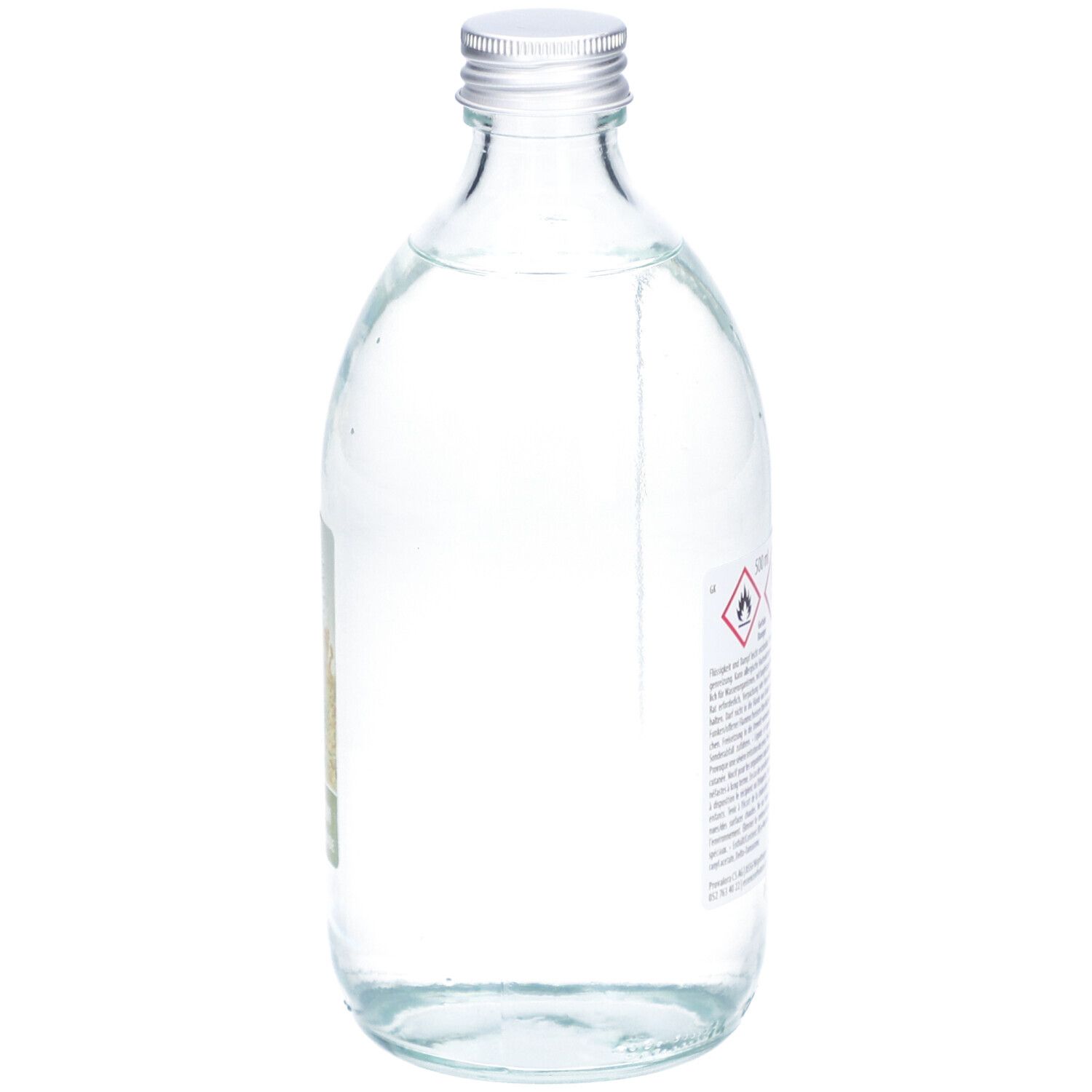 Glasflasche mit silbernem Deckel. Teilweise sichtbares Etikett. Warnhinweise.