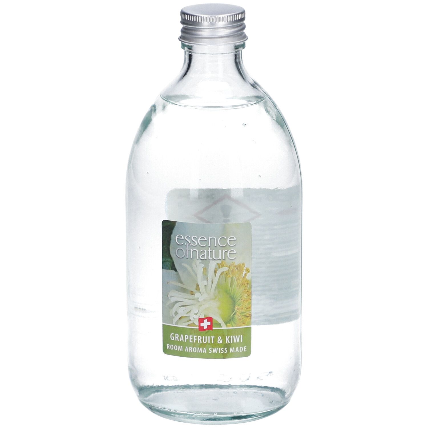 Glasflasche mit silbernem Deckel. Etikett mit Produktnamen und Inhaltsstoffen. Schweizer Kreuz.