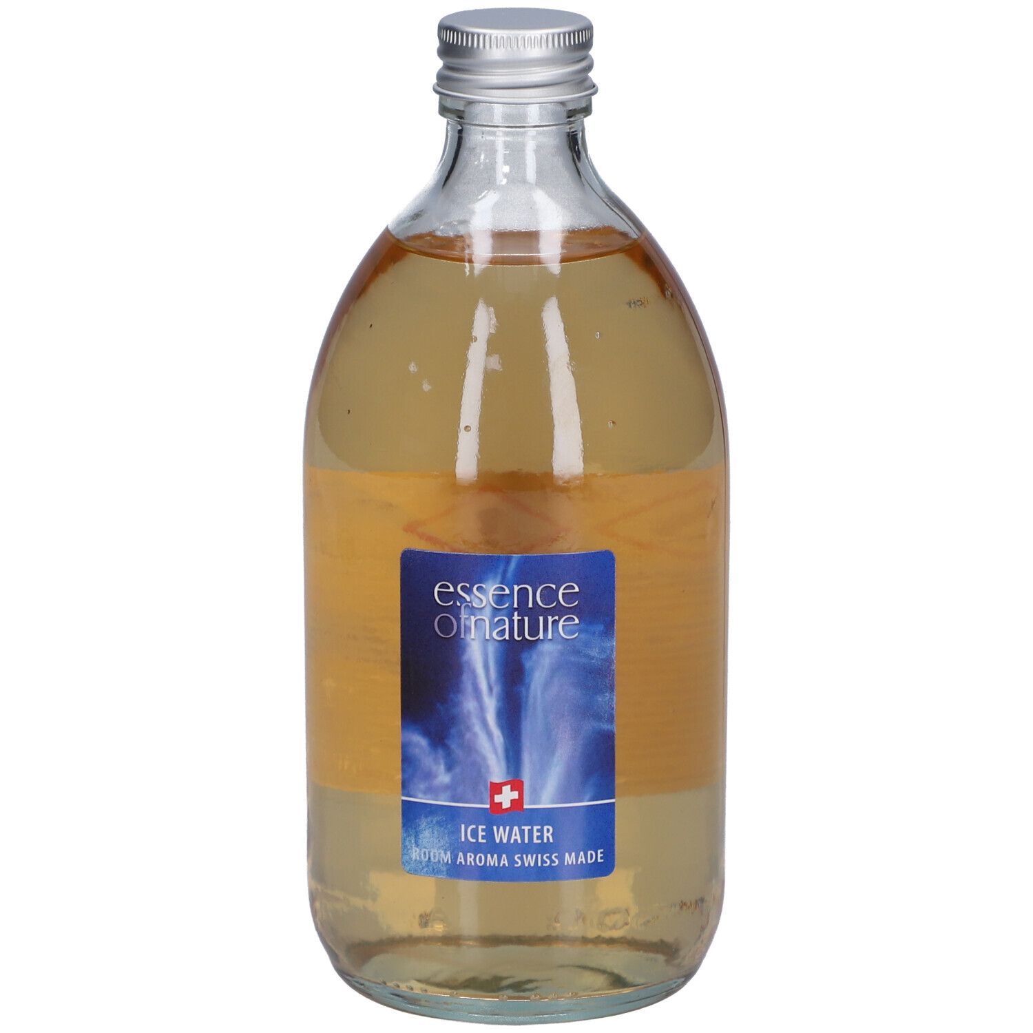 Glasflasche mit silbernem Deckel. Blaues Etikett mit Text: essence of nature, Ice Water, Swiss Made. Flüssigkeit.