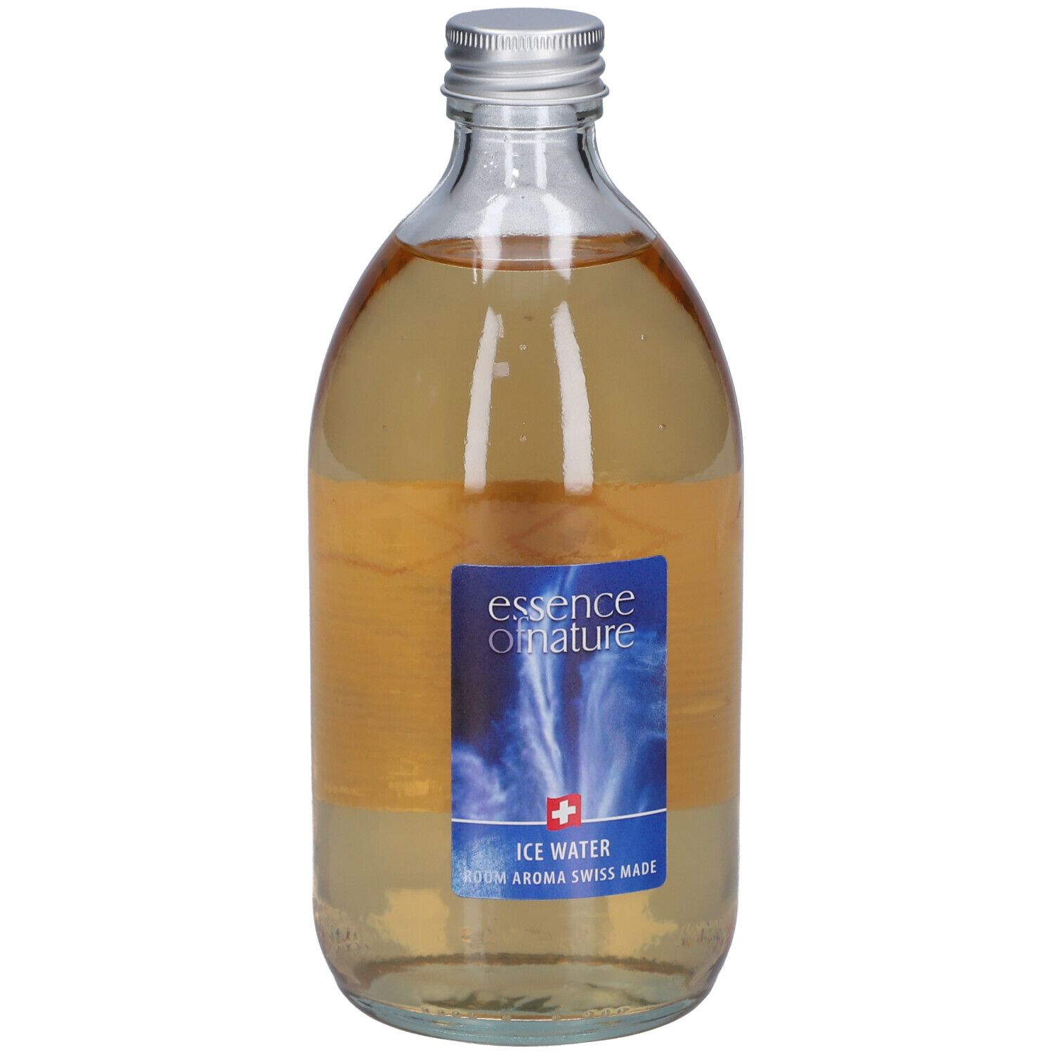 Glasflasche mit silbernem Deckel. Blaues Etikett mit Text: essence of nature, Ice Water, Swiss Made. Flüssigkeit.
