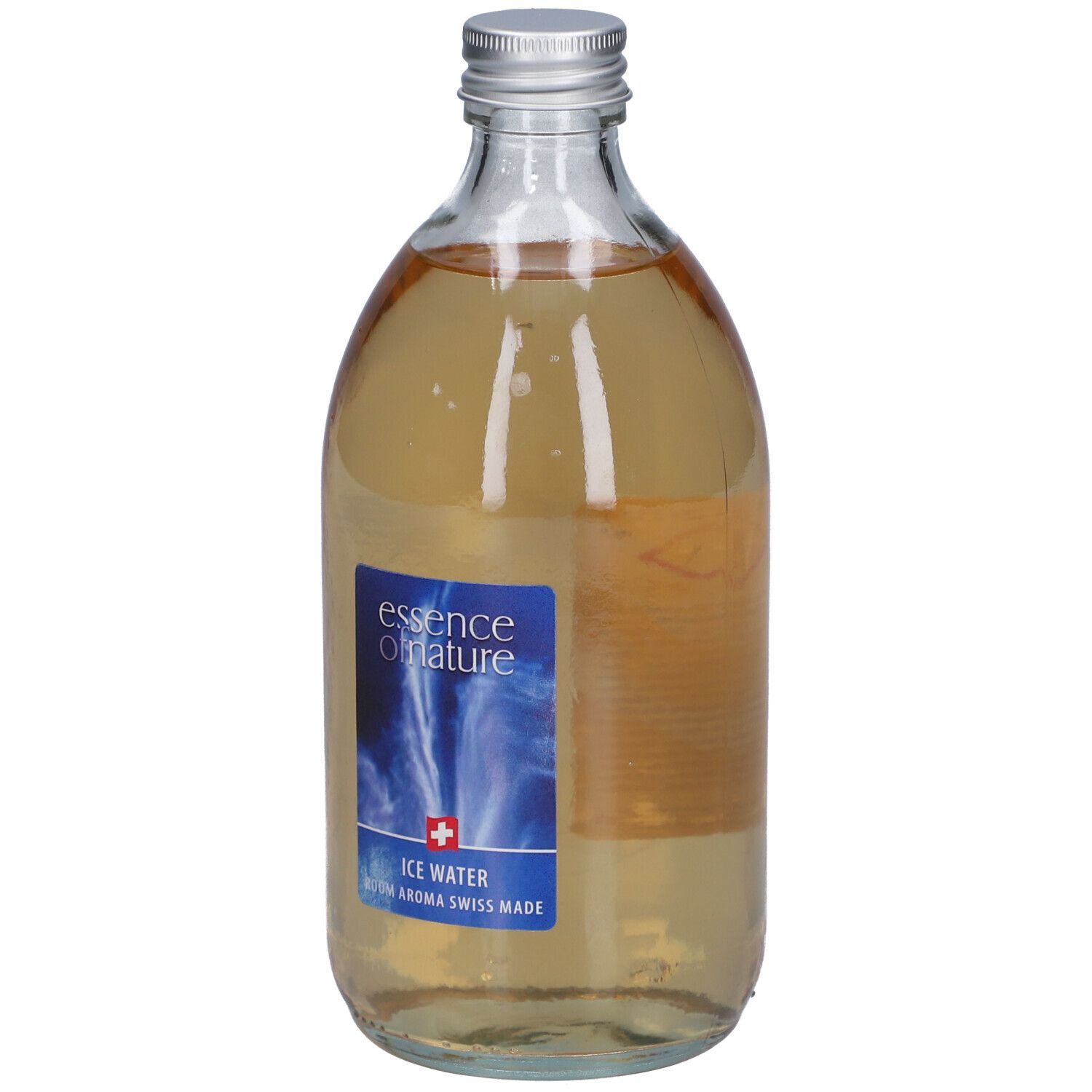 Glasflasche mit silbernem Deckel. Blaues Etikett mit Text: essence of nature, Ice Water, Swiss Made. Flüssigkeit.