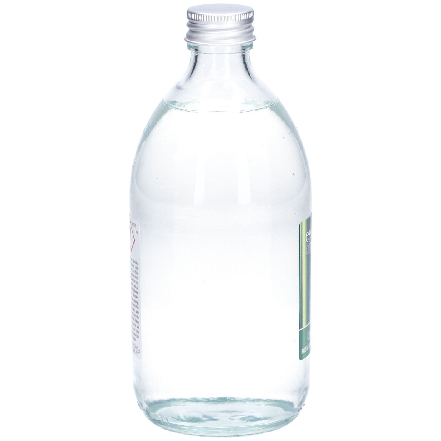 Glasflasche mit silbernem Deckel. Etikett teilweise sichtbar. Klarer Inhalt. Warnhinweis auf der Rückseite.