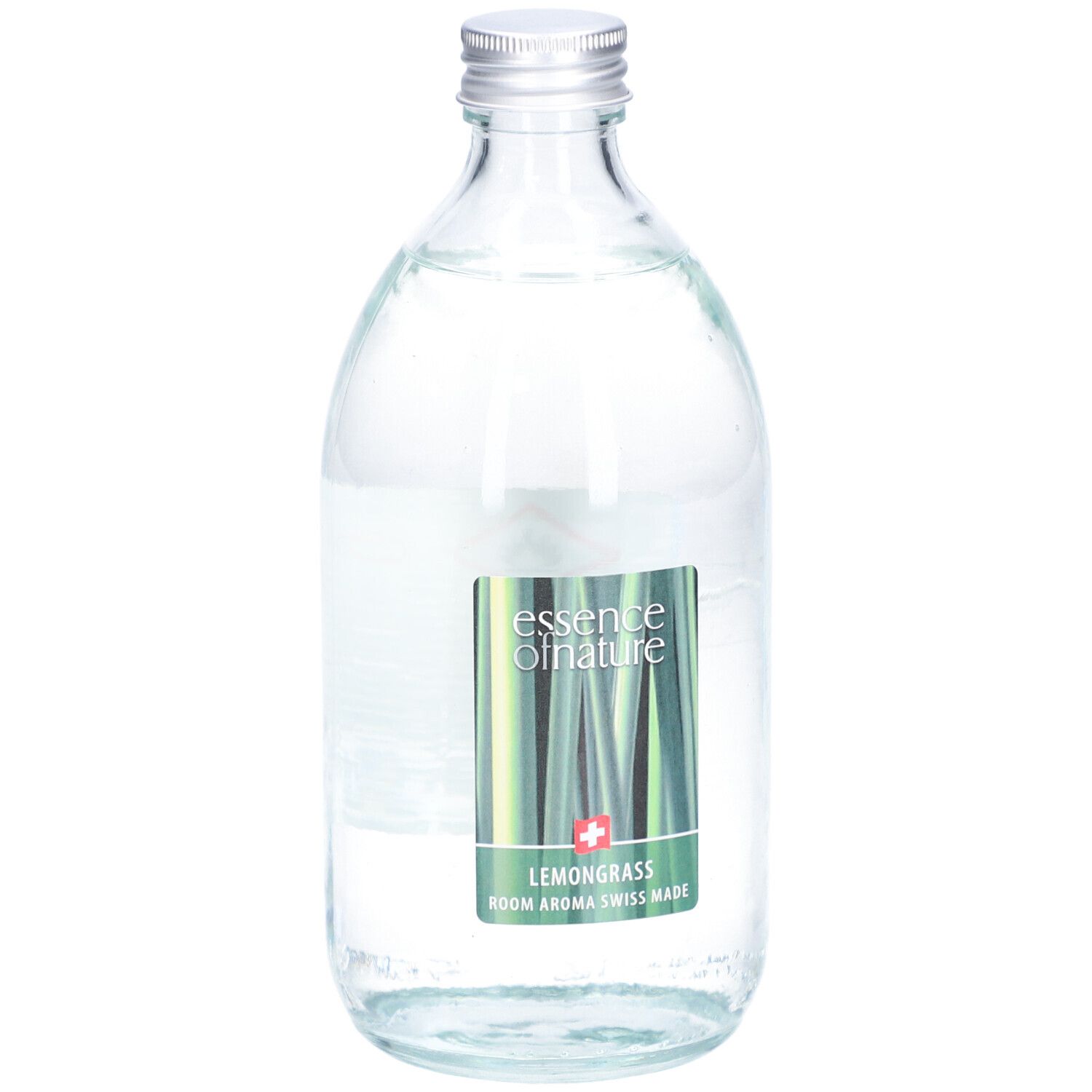 Glasflasche mit silbernem Deckel. Etikett mit Produktnamen und Logo. Klarer Inhalt. Swiss Made.