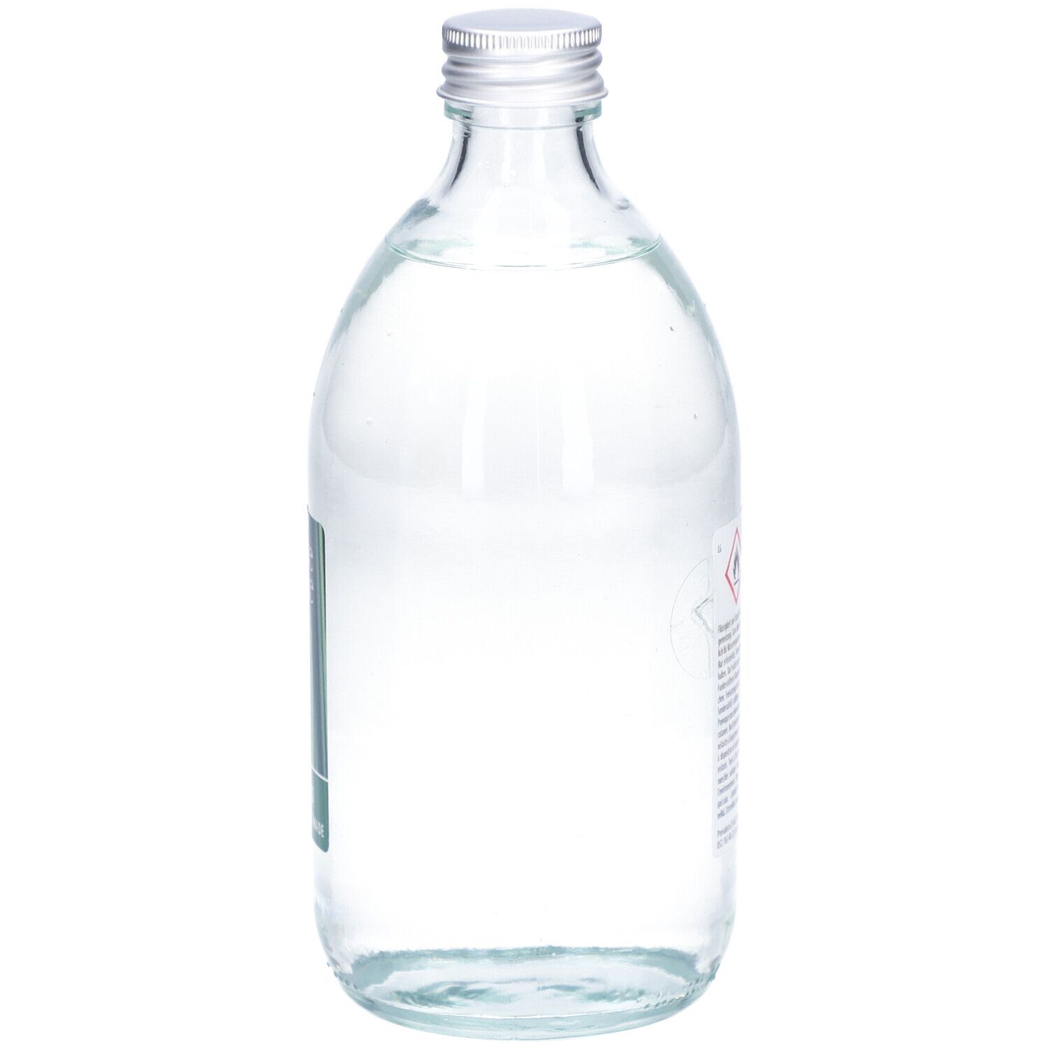 Glasflasche mit silbernem Deckel. Etikett teilweise sichtbar. Klarer Inhalt. Warnhinweis auf der Rückseite.