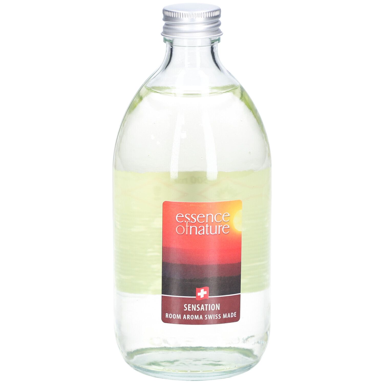 Flacon en verre avec liquide et étiquette. Étiquette avec logo, texte Sensation, parfum d'ambiance, Swiss Made.