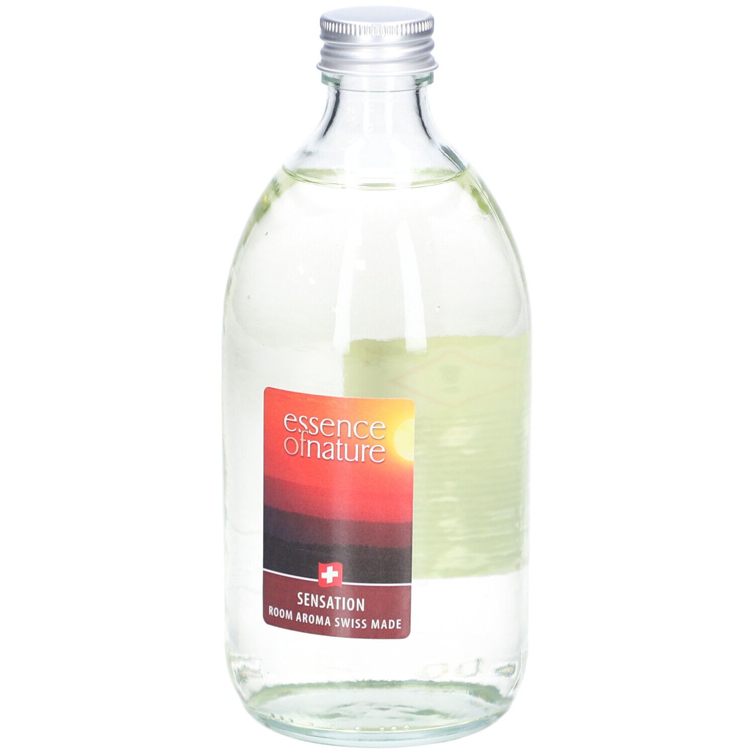 Flacon en verre avec liquide et étiquette. Étiquette avec logo, texte Sensation, parfum d'ambiance, Swiss Made.