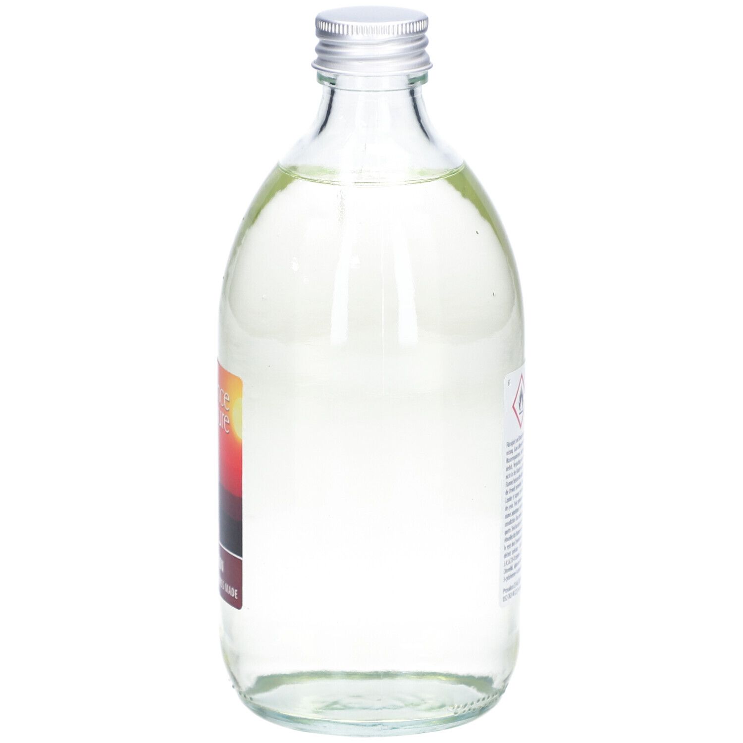 Flacon en verre avec liquide. Autocollant avec symboles d'avertissement et texte. Bouchon métallique.