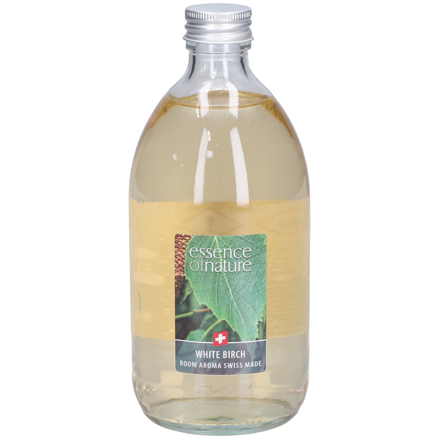 Glasflasche mit silbernem Deckel. Etikett mit Blattmotiv und Text: White Birch, Room Aroma Swiss Made.