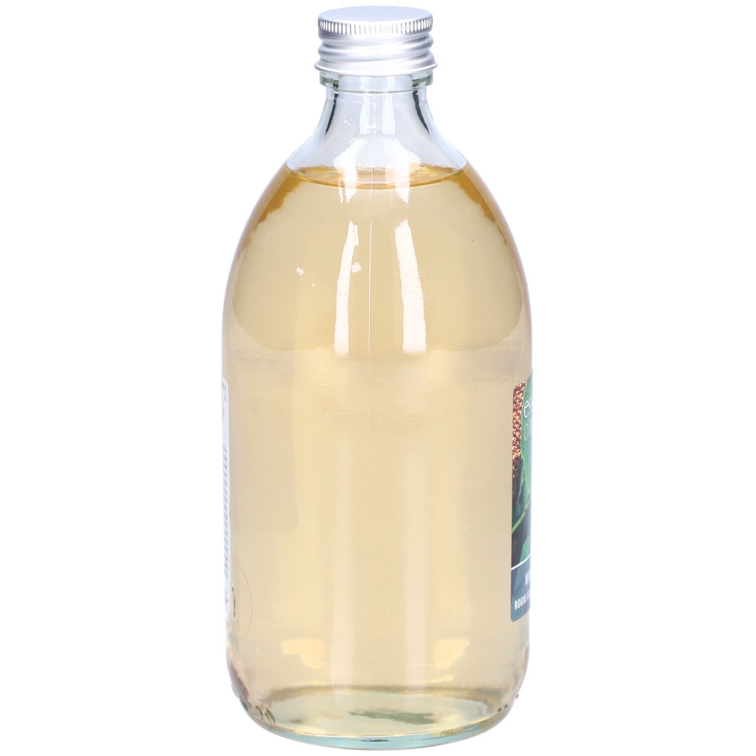 Glasflasche mit silbernem Deckel. Etikett teilweise sichtbar. Flüssigkeit gelblich. Rückseite mit Text.