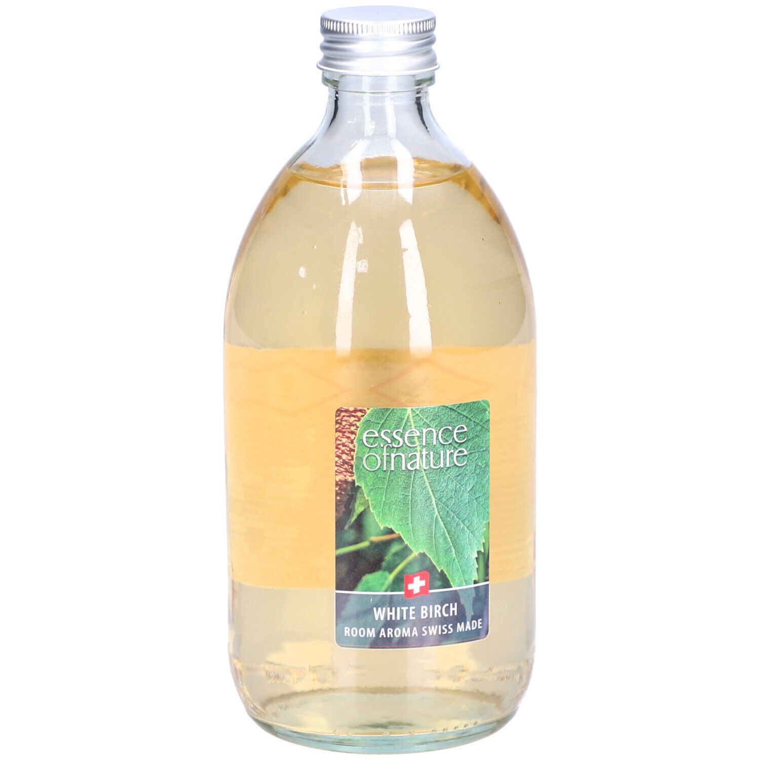Glasflasche mit silbernem Deckel. Etikett mit Blattmotiv und Text: White Birch, Room Aroma Swiss Made.