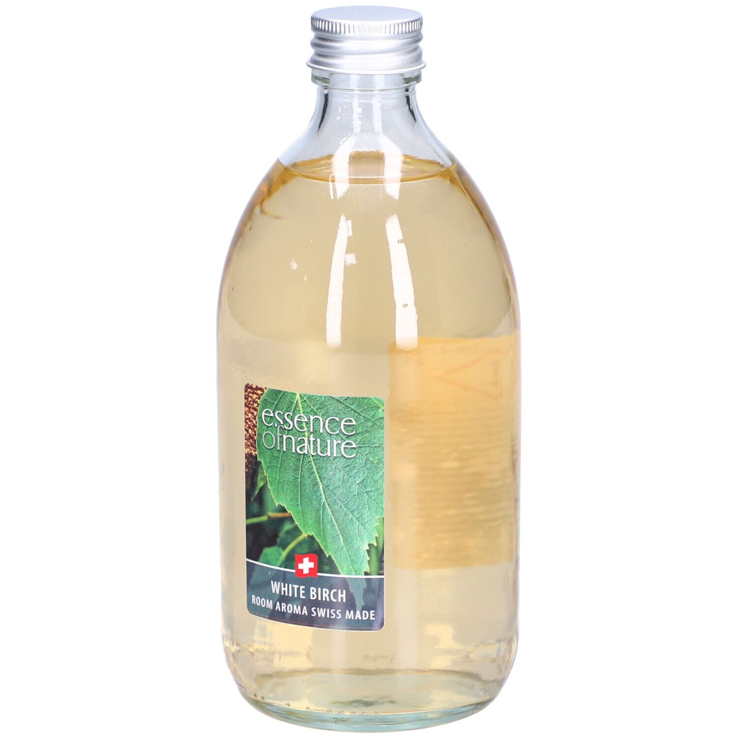 Glasflasche mit silbernem Deckel. Etikett mit Blattmotiv und Text: White Birch, Room Aroma Swiss Made.
