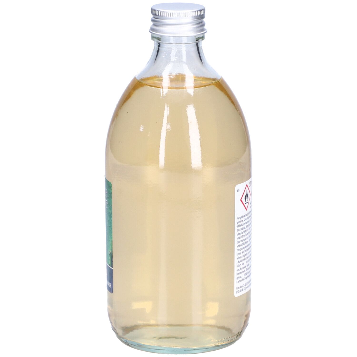 Glasflasche mit silbernem Deckel. Etikett teilweise sichtbar. Warnsymbole auf der Rückseite.