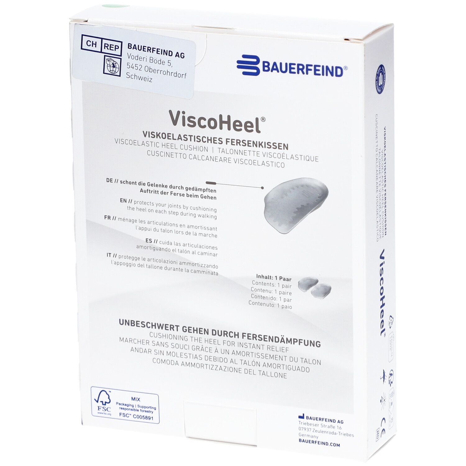 Dos de l'emballage ViscoHeel. Informations produit et marque Bauerfeind. Contenu: 1 paire.