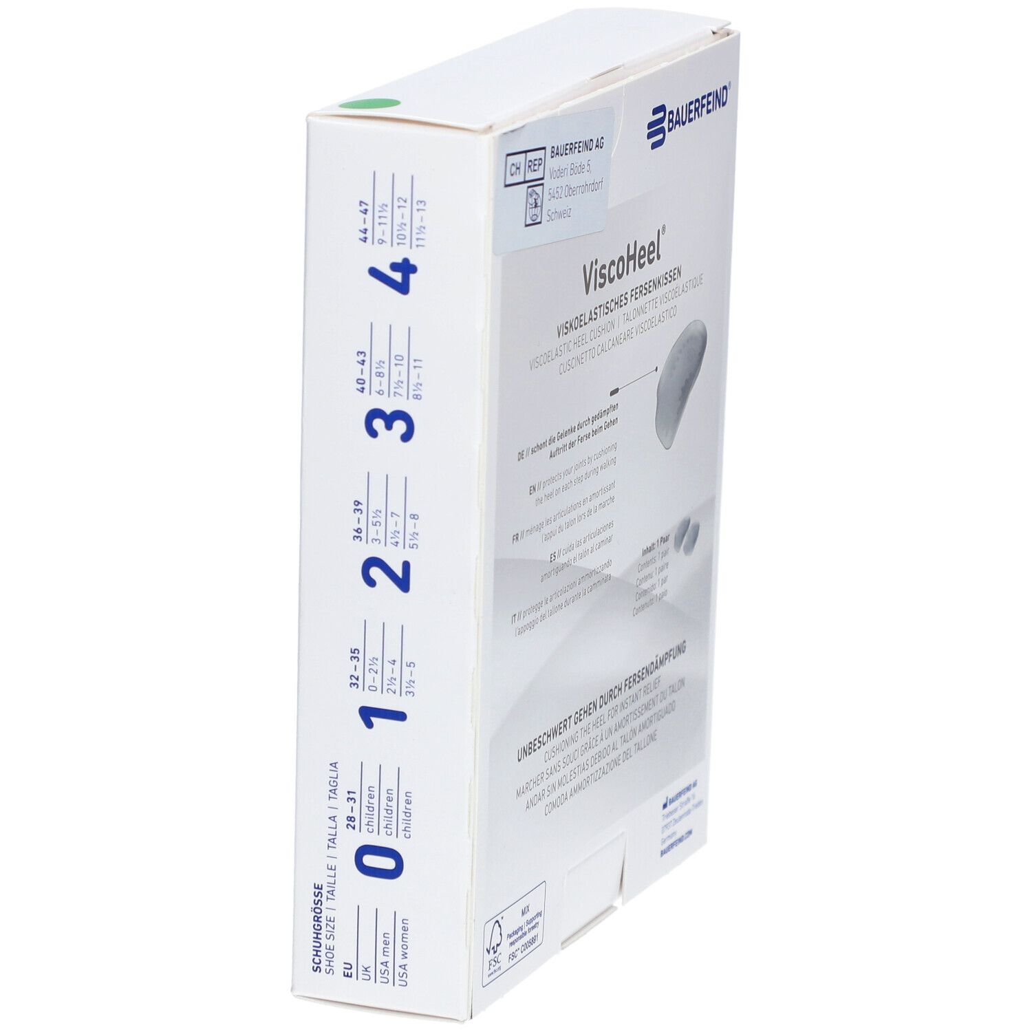 Emballage ViscoHeel. Indications de taille. Marque Bauerfeind. Pointures 28-31.