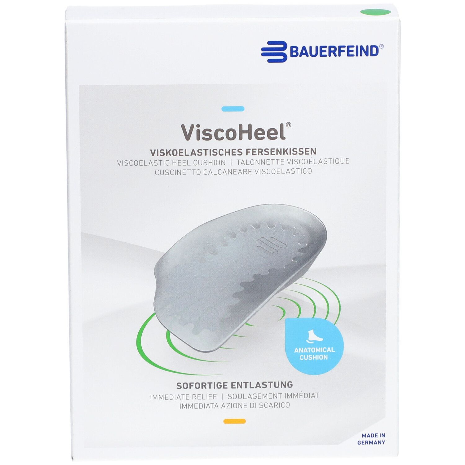 Coussinet ViscoHeel en emballage. Forme anatomique. Marque Bauerfeind. Soulagement immédiat.