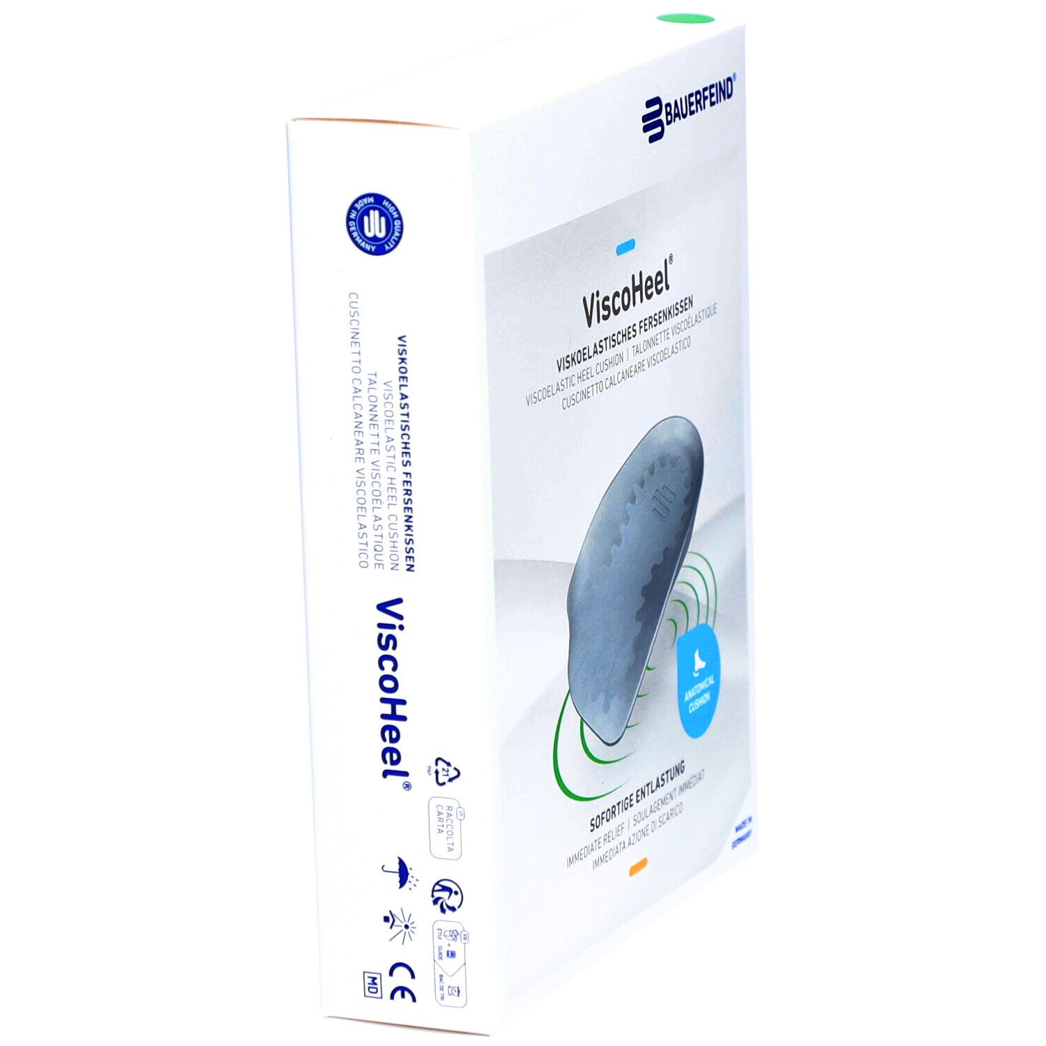 ViscoHeel Fersenkissen-Verpackung. Anatomisches Kissen, sofortige Entlastung. Marke: Bauerfeind. Made in Germany.